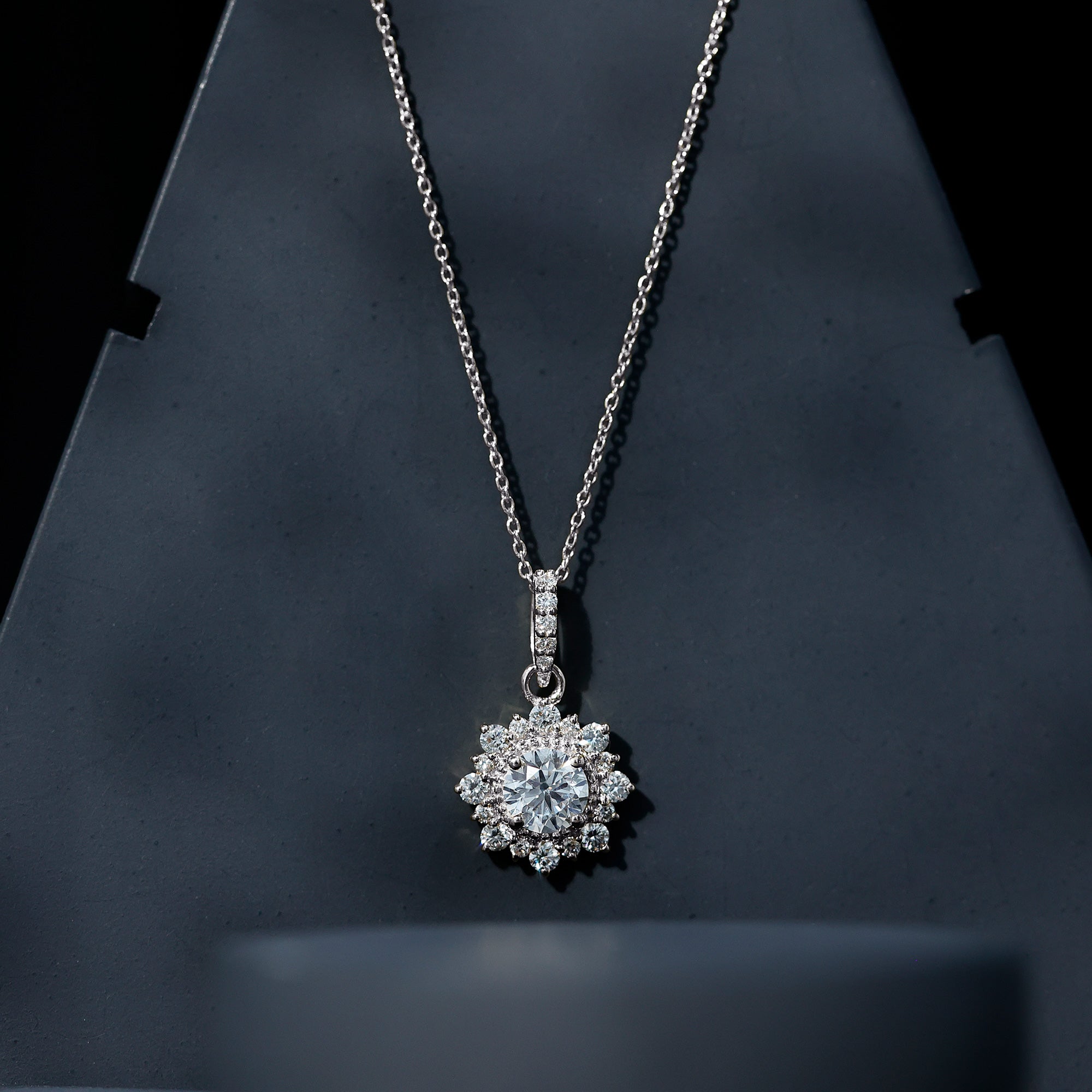 Round Moissanite Halo Necklace with Beaded Detailing D-VS1 - Rosec Jewels