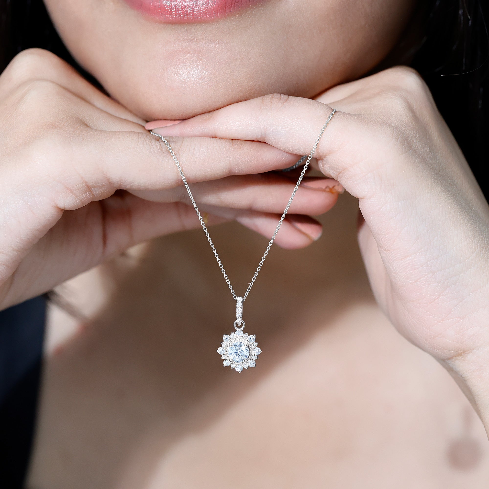 Round Moissanite Halo Necklace with Beaded Detailing D-VS1 - Rosec Jewels