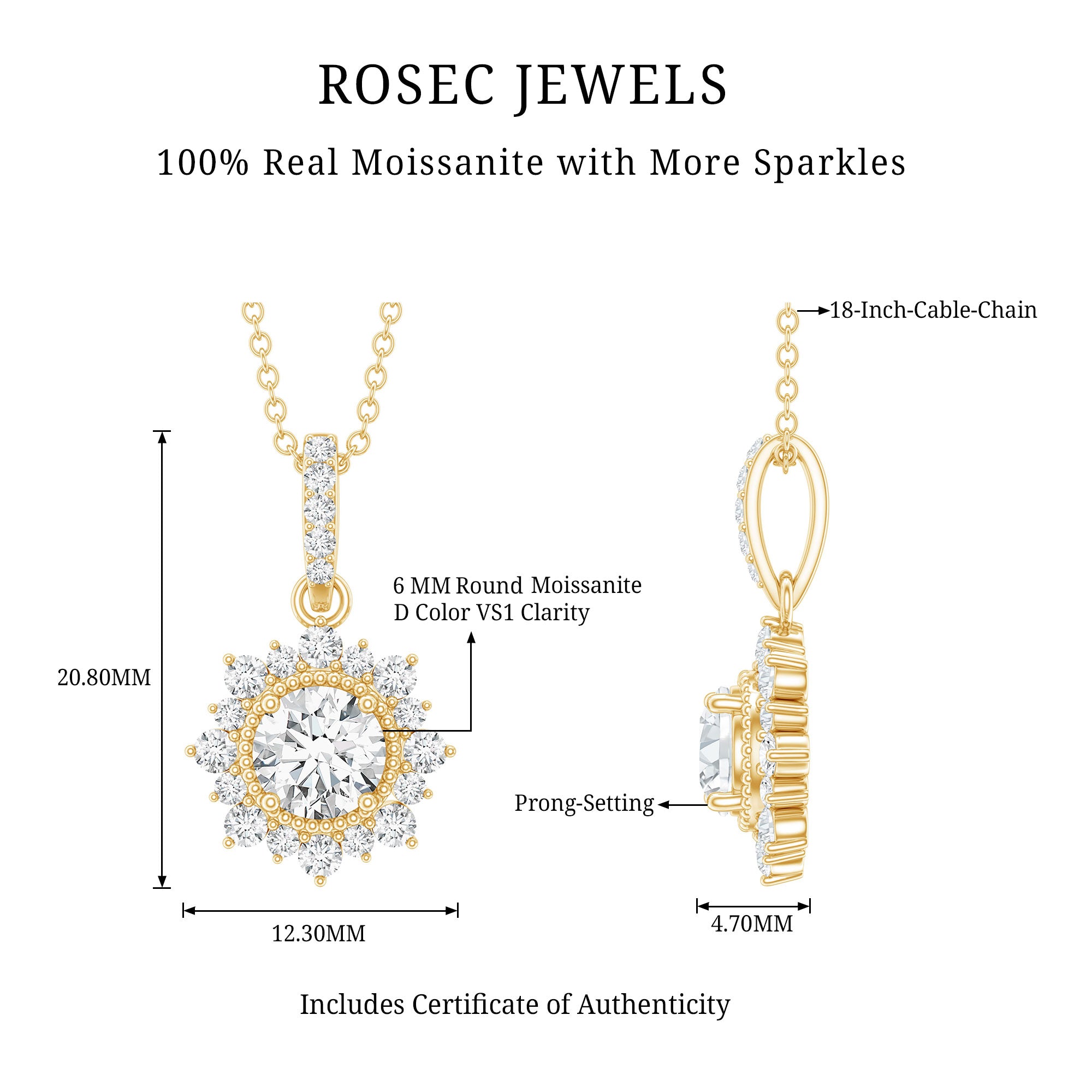 Round Moissanite Halo Necklace with Beaded Detailing D-VS1 - Rosec Jewels