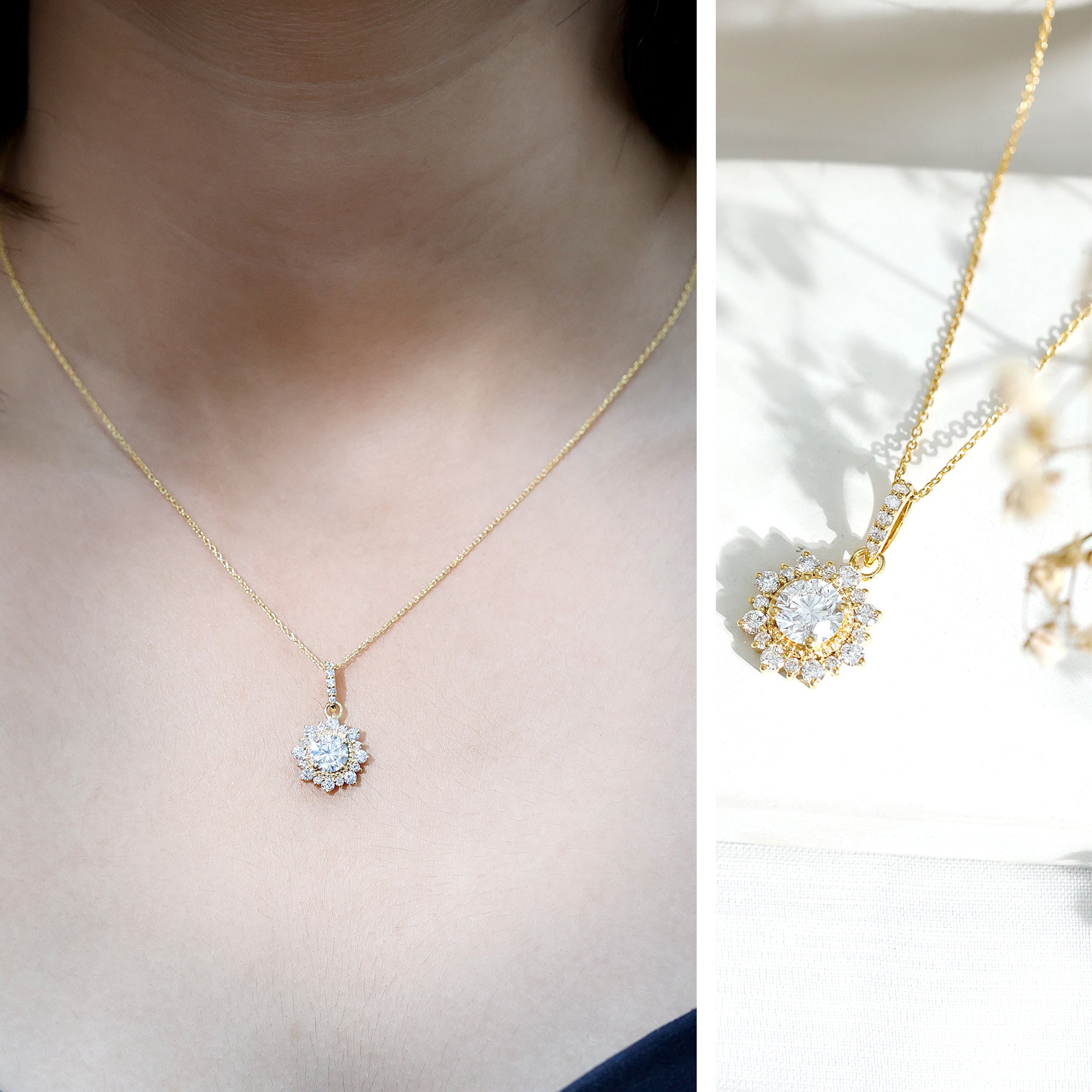 Round Moissanite Halo Necklace with Beaded Detailing D-VS1 - Rosec Jewels