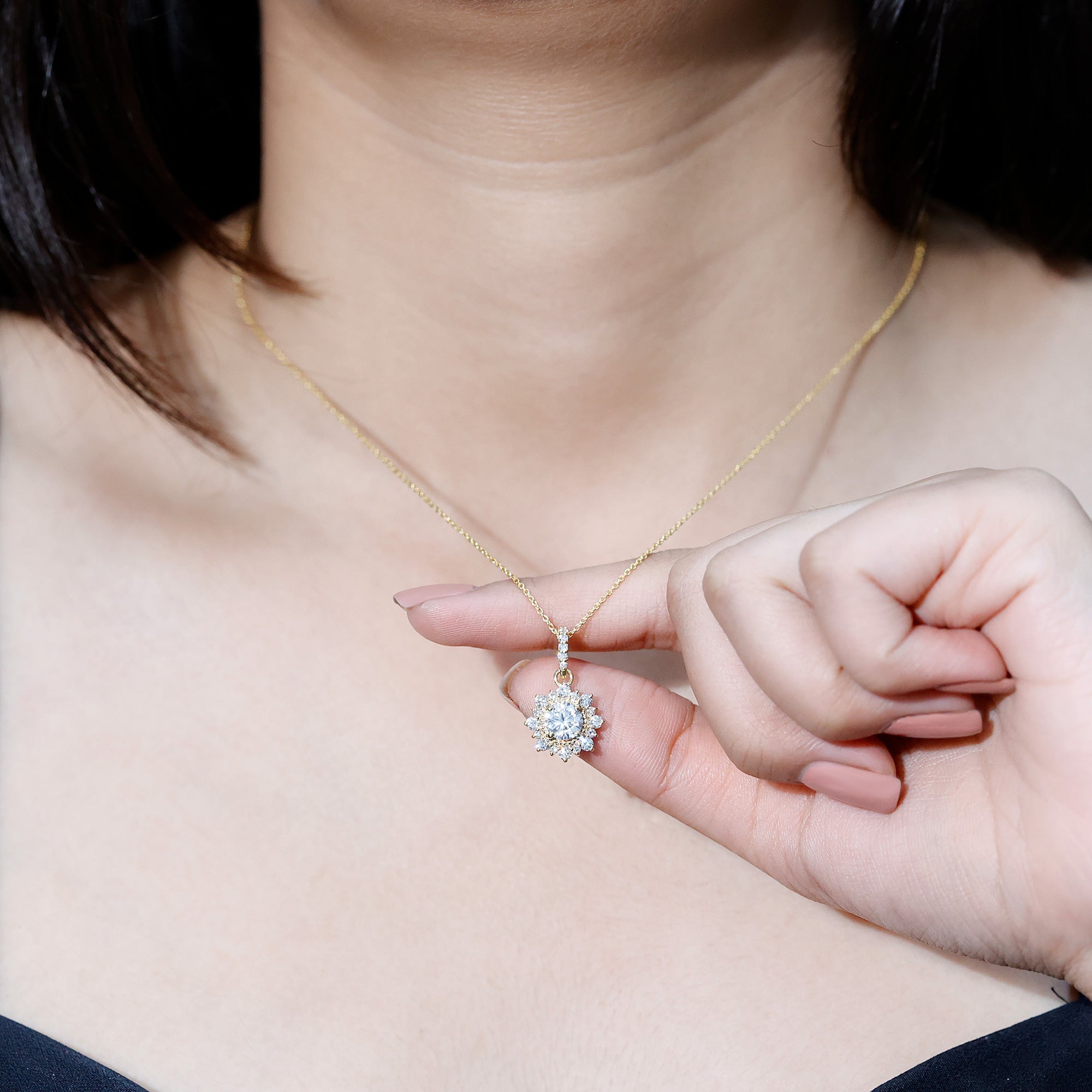Round Moissanite Halo Necklace with Beaded Detailing D-VS1 - Rosec Jewels