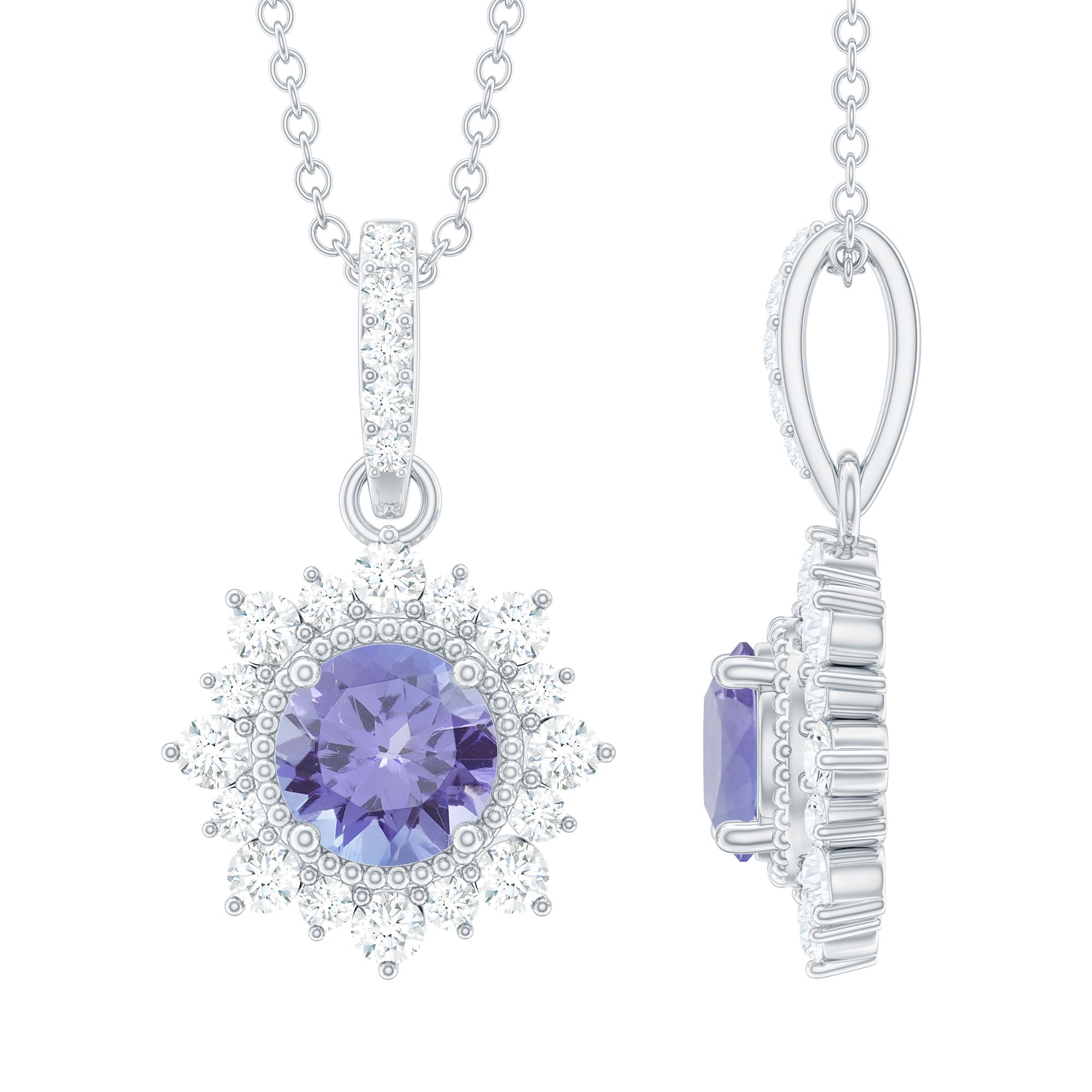 Round Tanzanite Bridal Necklace with Diamond Accent Bail AAA - Rosec Jewels