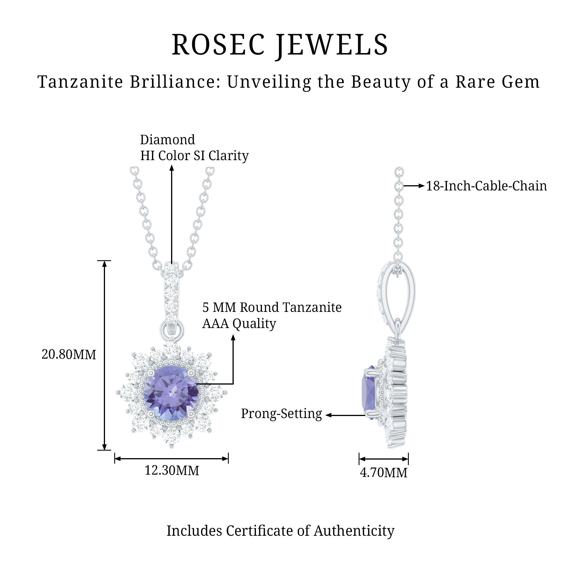 Round Tanzanite Bridal Necklace with Diamond Accent Bail AAA - Rosec Jewels