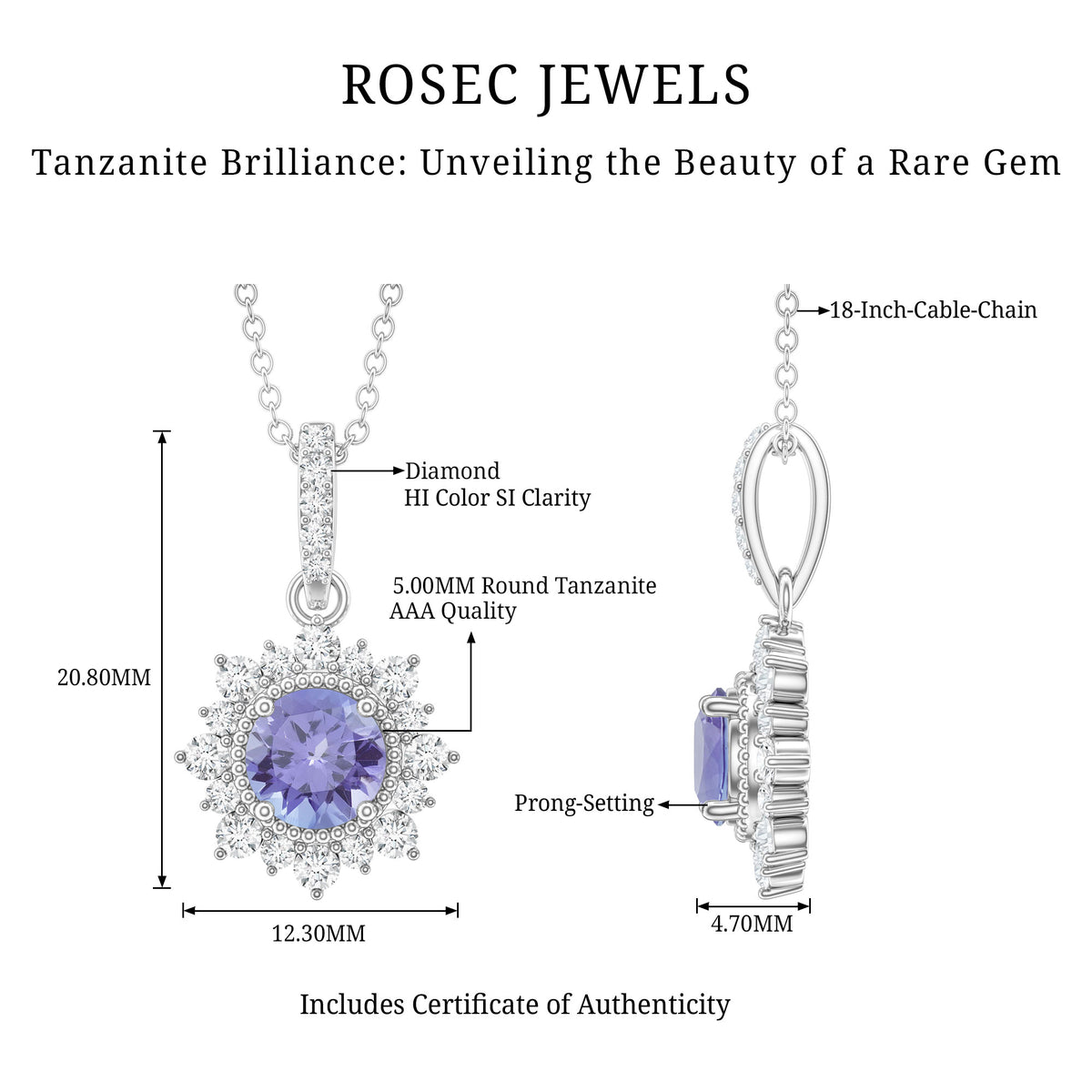Round Tanzanite Bridal Necklace with Diamond Accent Bail AAA - Rosec Jewels