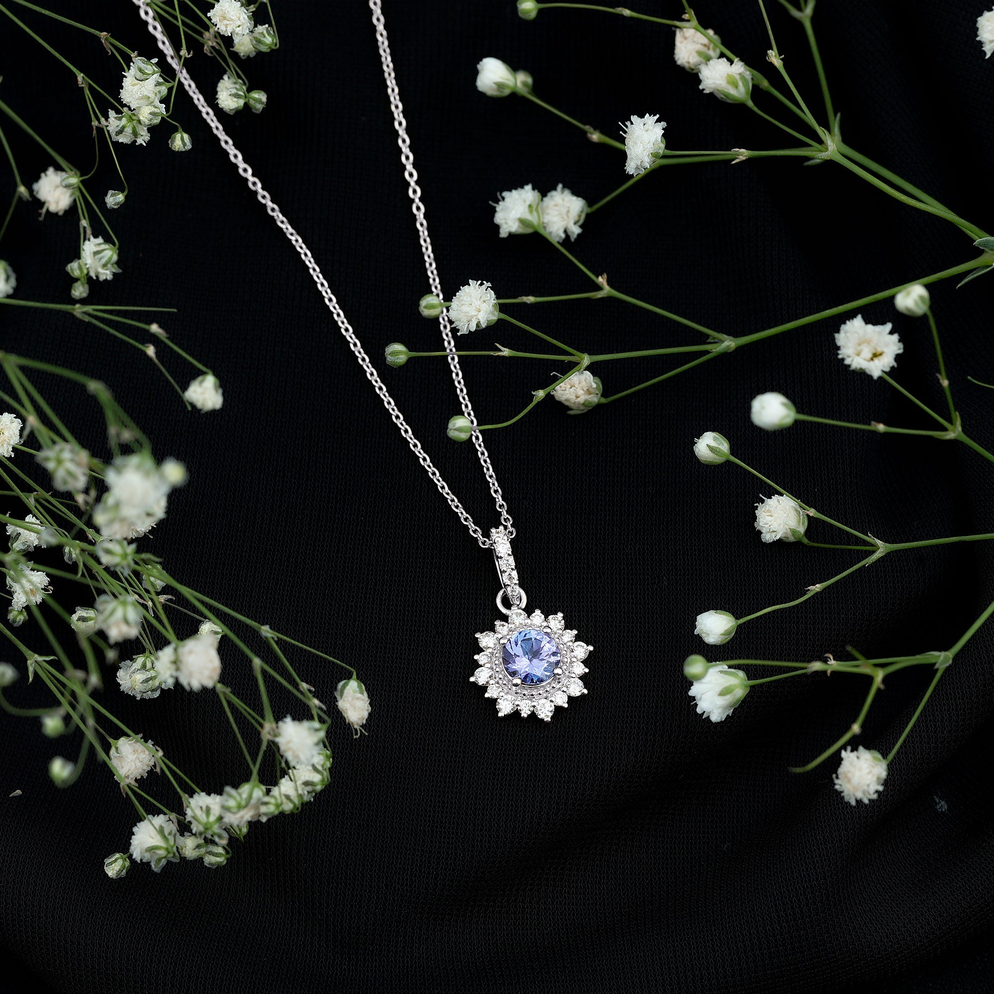 Round Tanzanite Bridal Necklace with Diamond Accent Bail AAA - Rosec Jewels