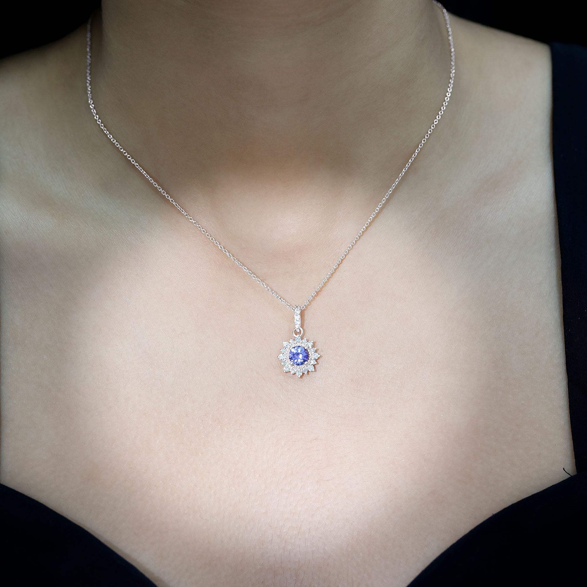 Round Tanzanite Bridal Necklace with Diamond Accent Bail AAA - Rosec Jewels