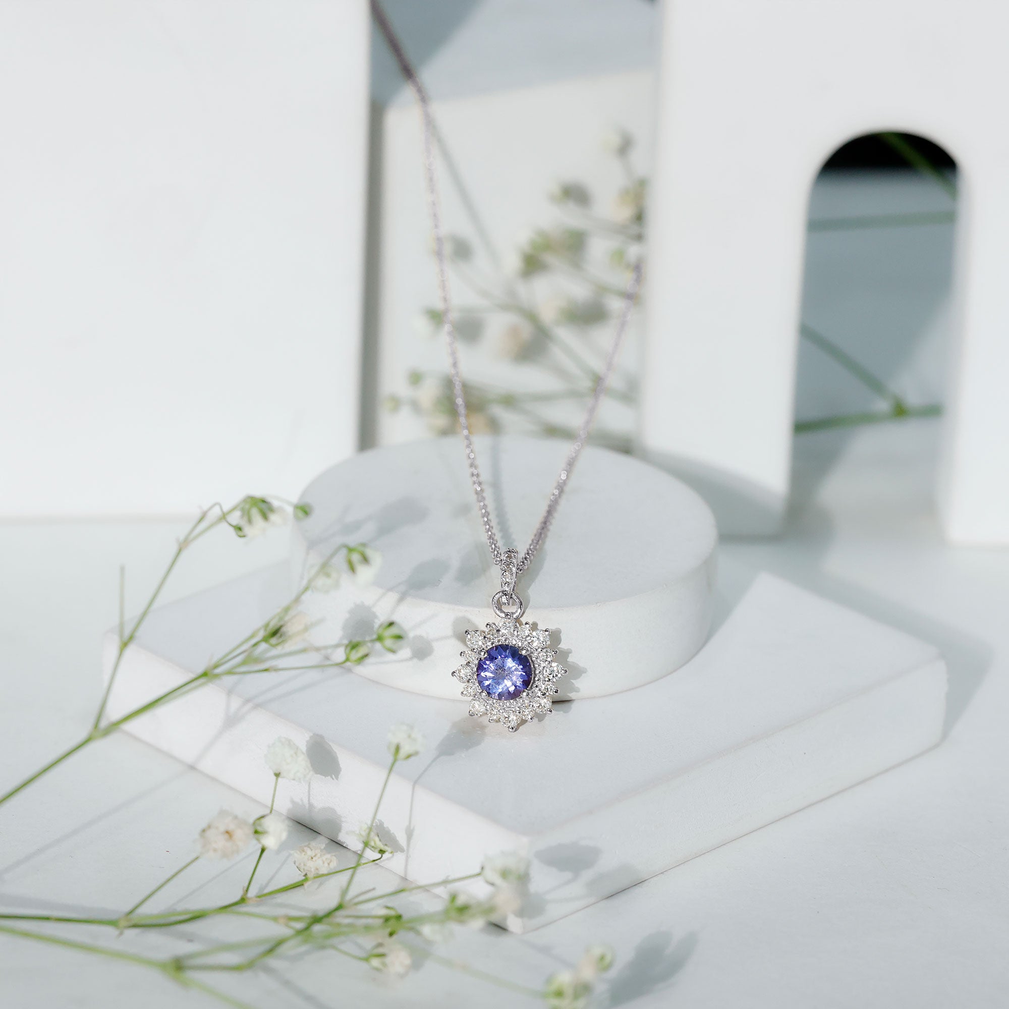 Round Tanzanite Bridal Necklace with Diamond Accent Bail AAA - Rosec Jewels