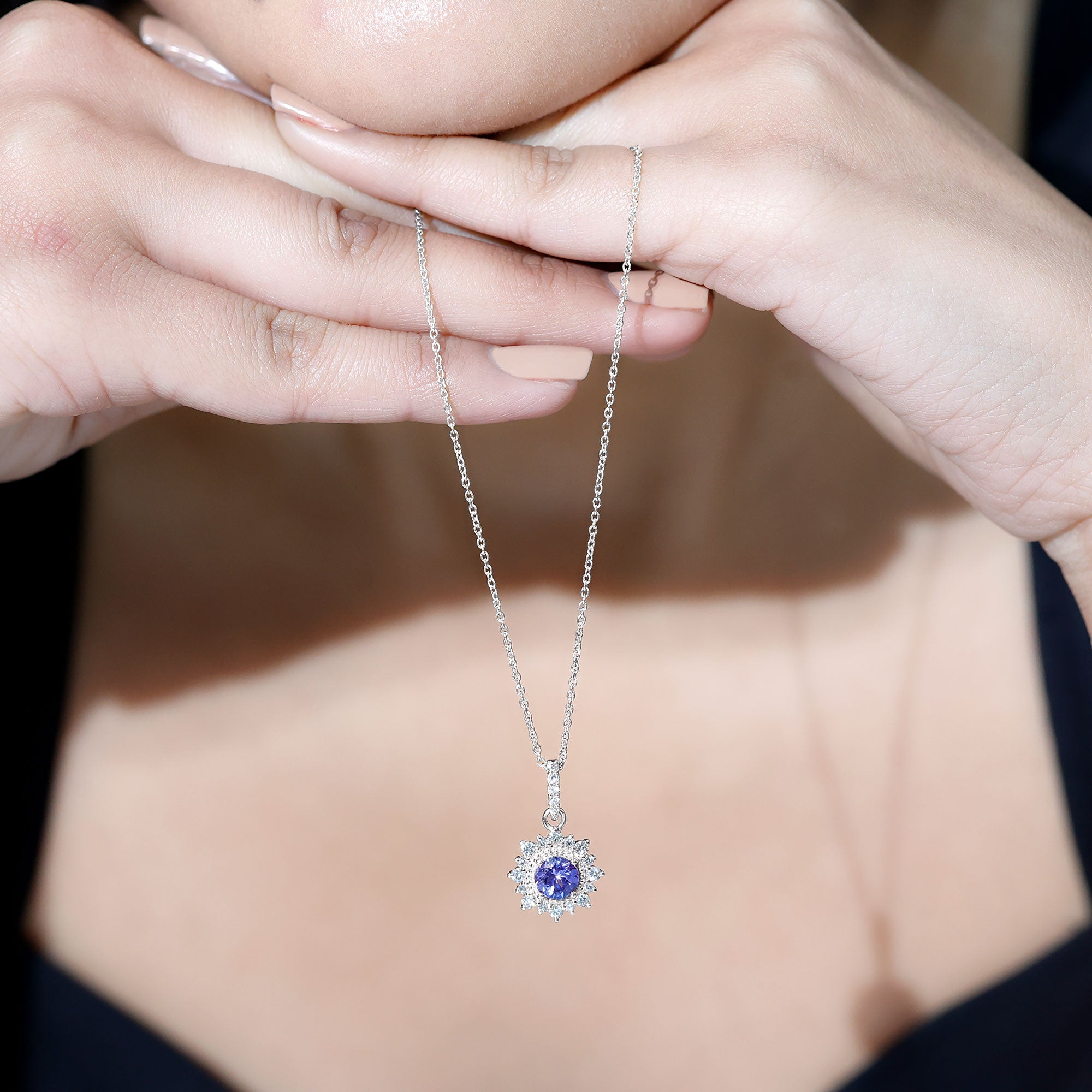 Round Tanzanite Bridal Necklace with Diamond Accent Bail AAA - Rosec Jewels