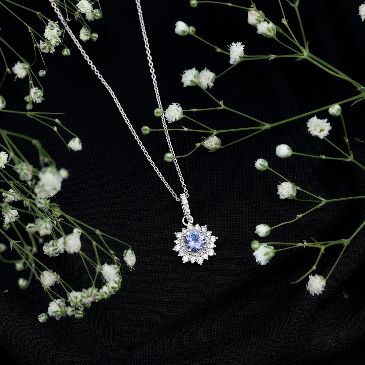 Round Tanzanite Bridal Necklace with Diamond Accent Bail AAA - Rosec Jewels