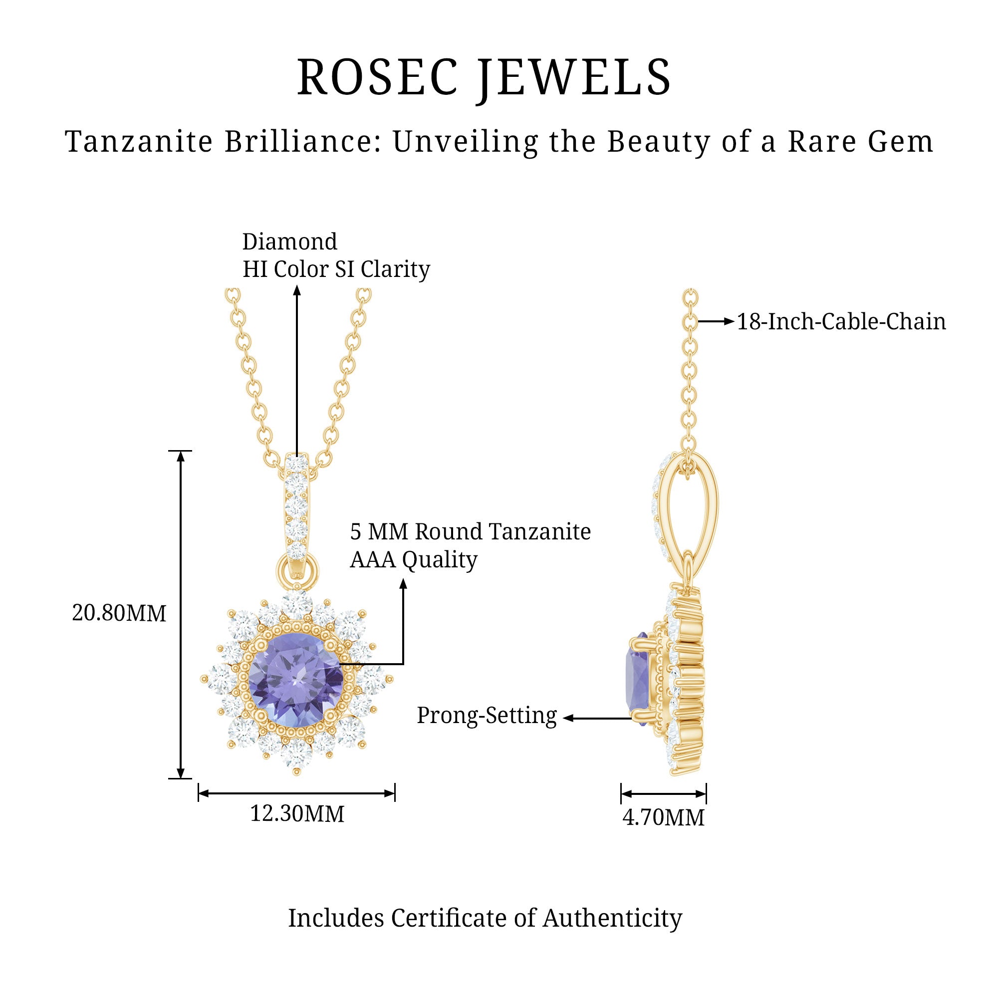 Round Tanzanite Bridal Necklace with Diamond Accent Bail AAA - Rosec Jewels