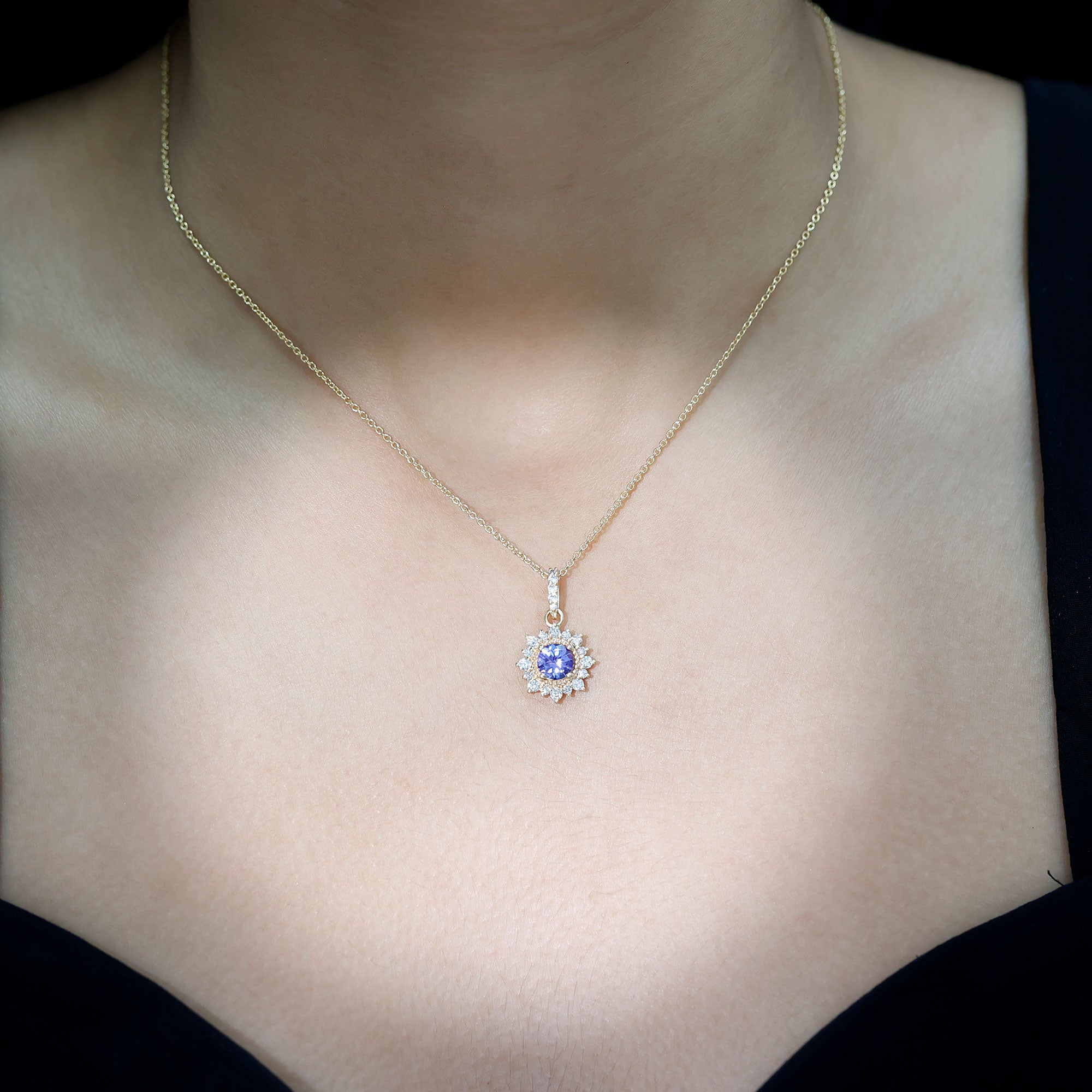 Round Tanzanite Bridal Necklace with Diamond Accent Bail AAA - Rosec Jewels