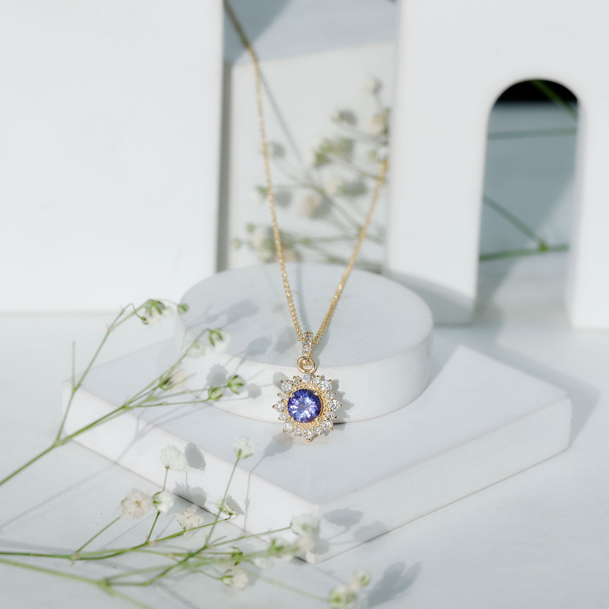 Round Tanzanite Bridal Necklace with Diamond Accent Bail AAA - Rosec Jewels
