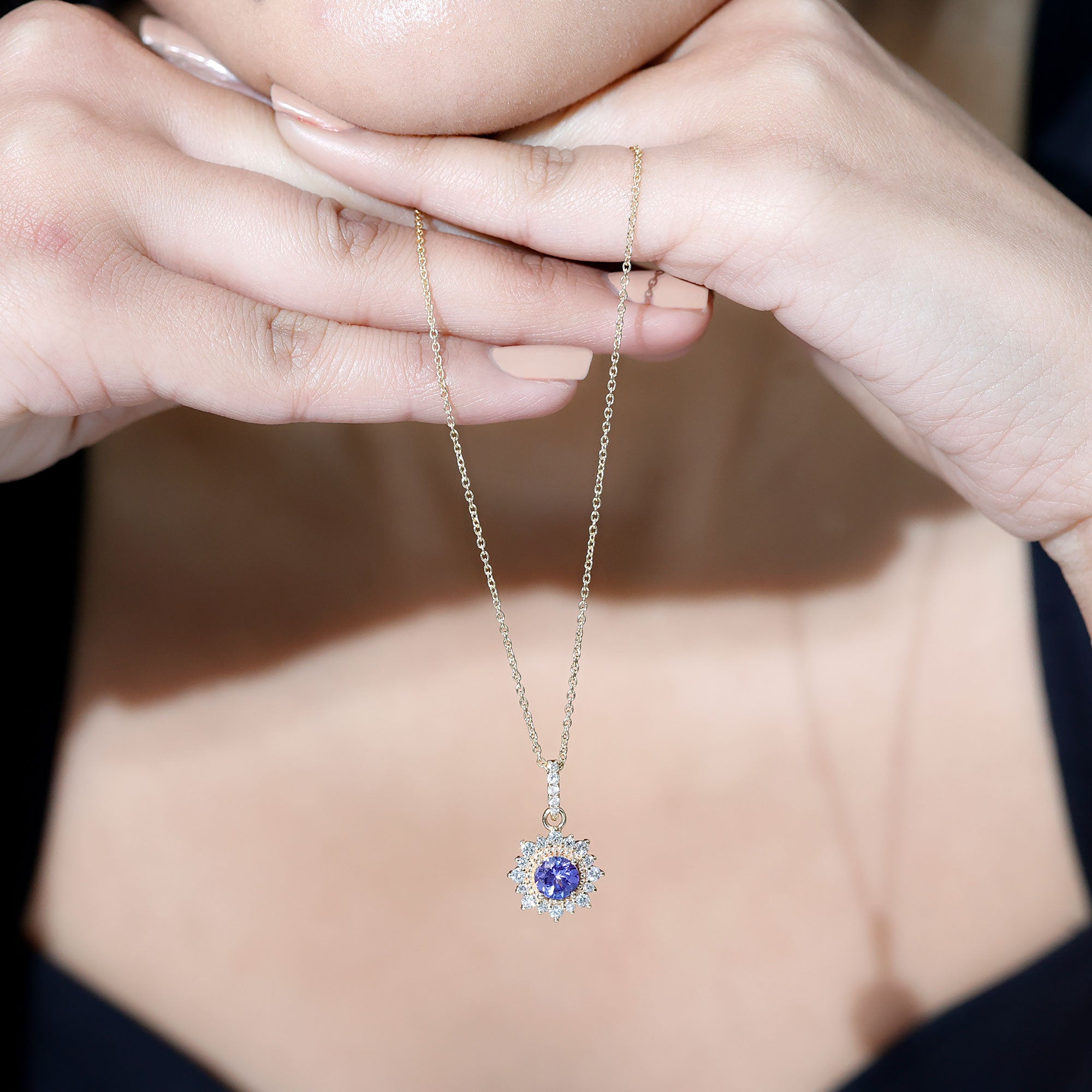 Round Tanzanite Bridal Necklace with Diamond Accent Bail AAA - Rosec Jewels