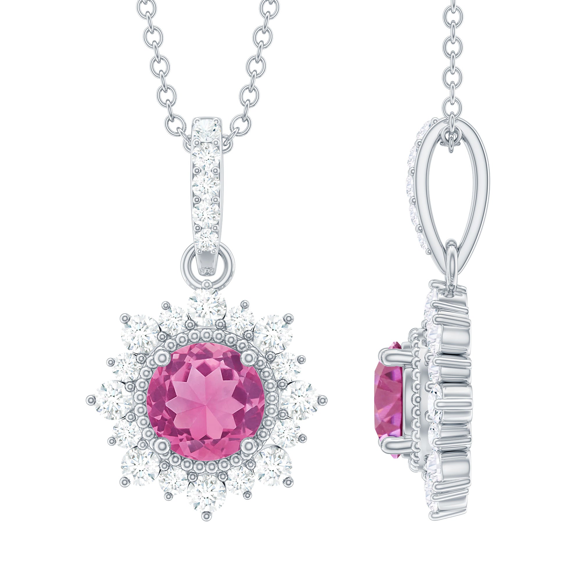 Round Pink Tourmaline Halo Beaded Pendant with Diamond