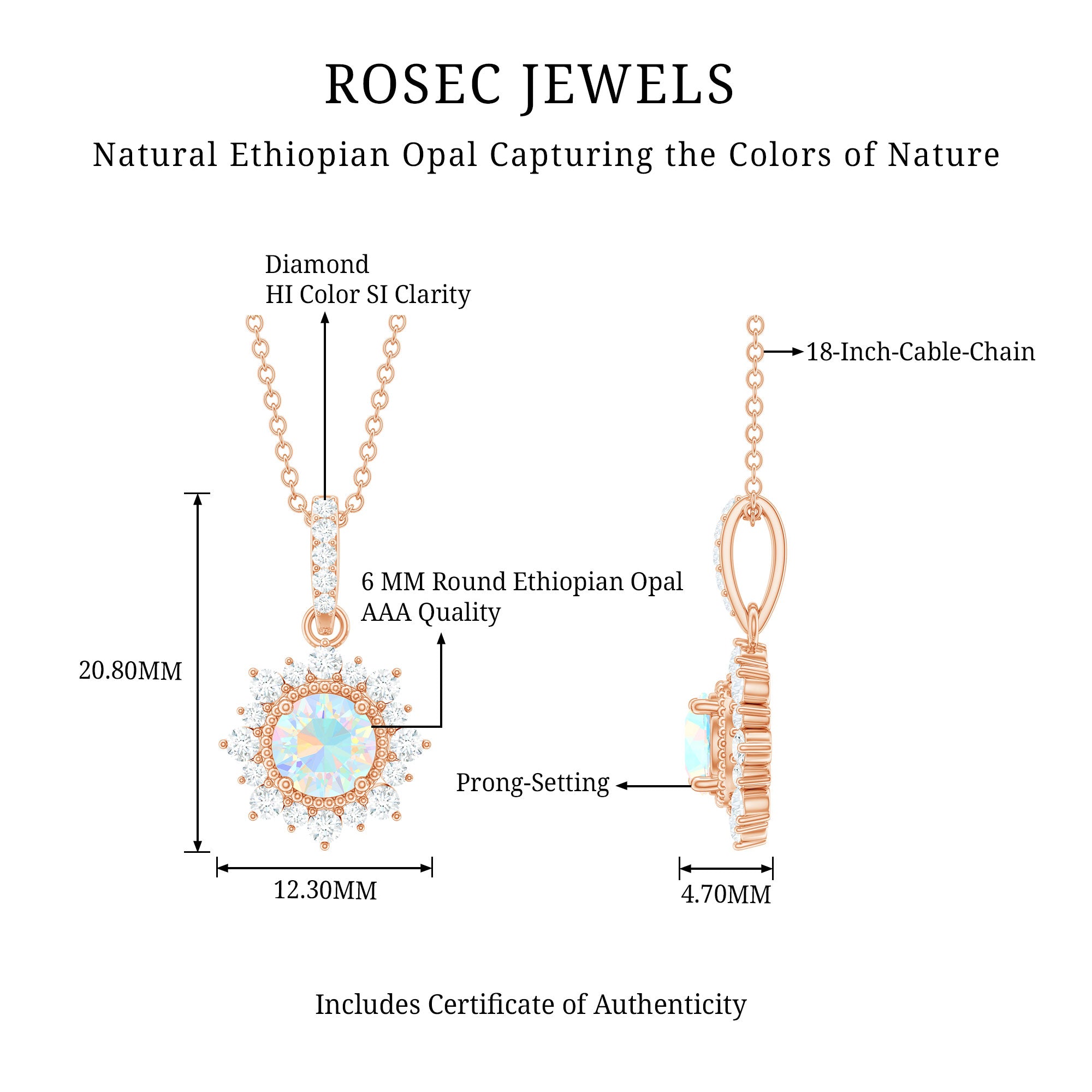 Natural 0.8 Ethiopian Opal Flower Necklace with Diamond Halo AAA - Rosec Jewels