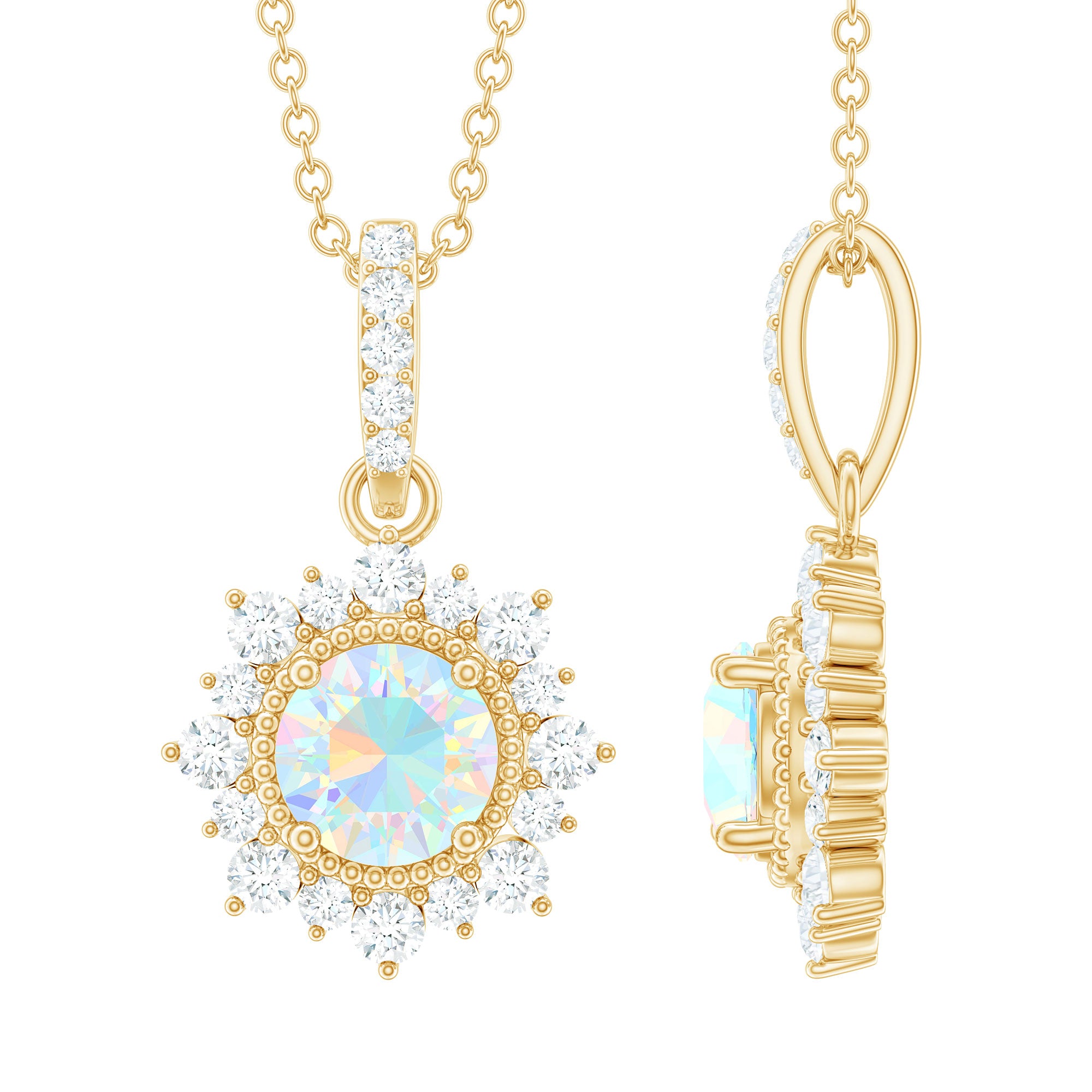 Natural 0.8 Ethiopian Opal Flower Necklace with Diamond Halo AAA - Rosec Jewels