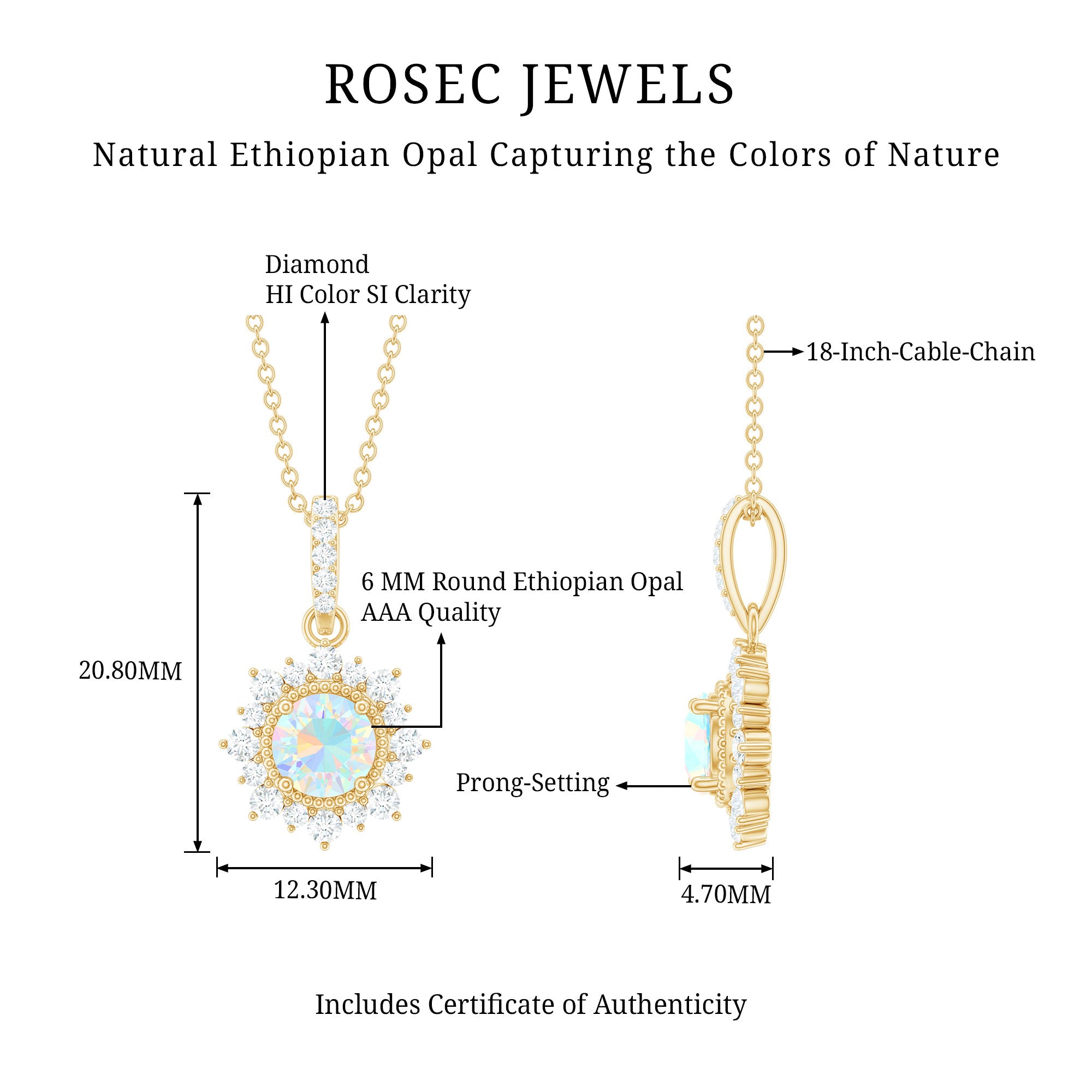 Natural 0.8 Ethiopian Opal Flower Necklace with Diamond Halo AAA - Rosec Jewels