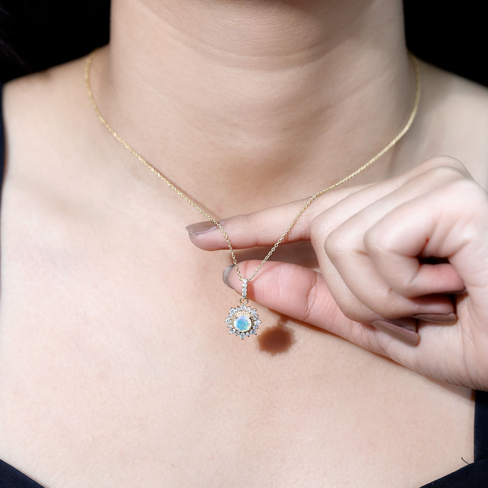 Natural 0.8 Ethiopian Opal Flower Necklace with Diamond Halo AAA - Rosec Jewels