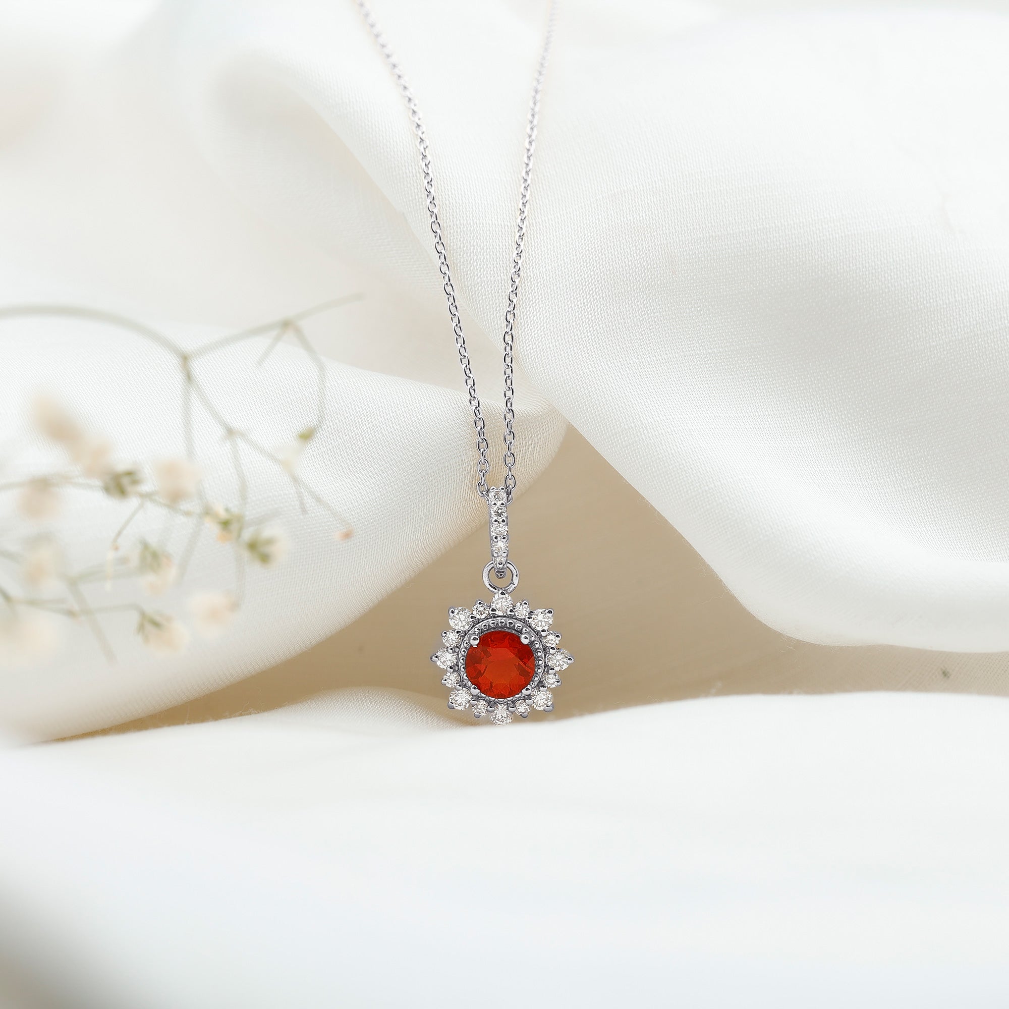 Round Fire Opal and Diamond Halo Pendant Necklace AAA - Rosec Jewels