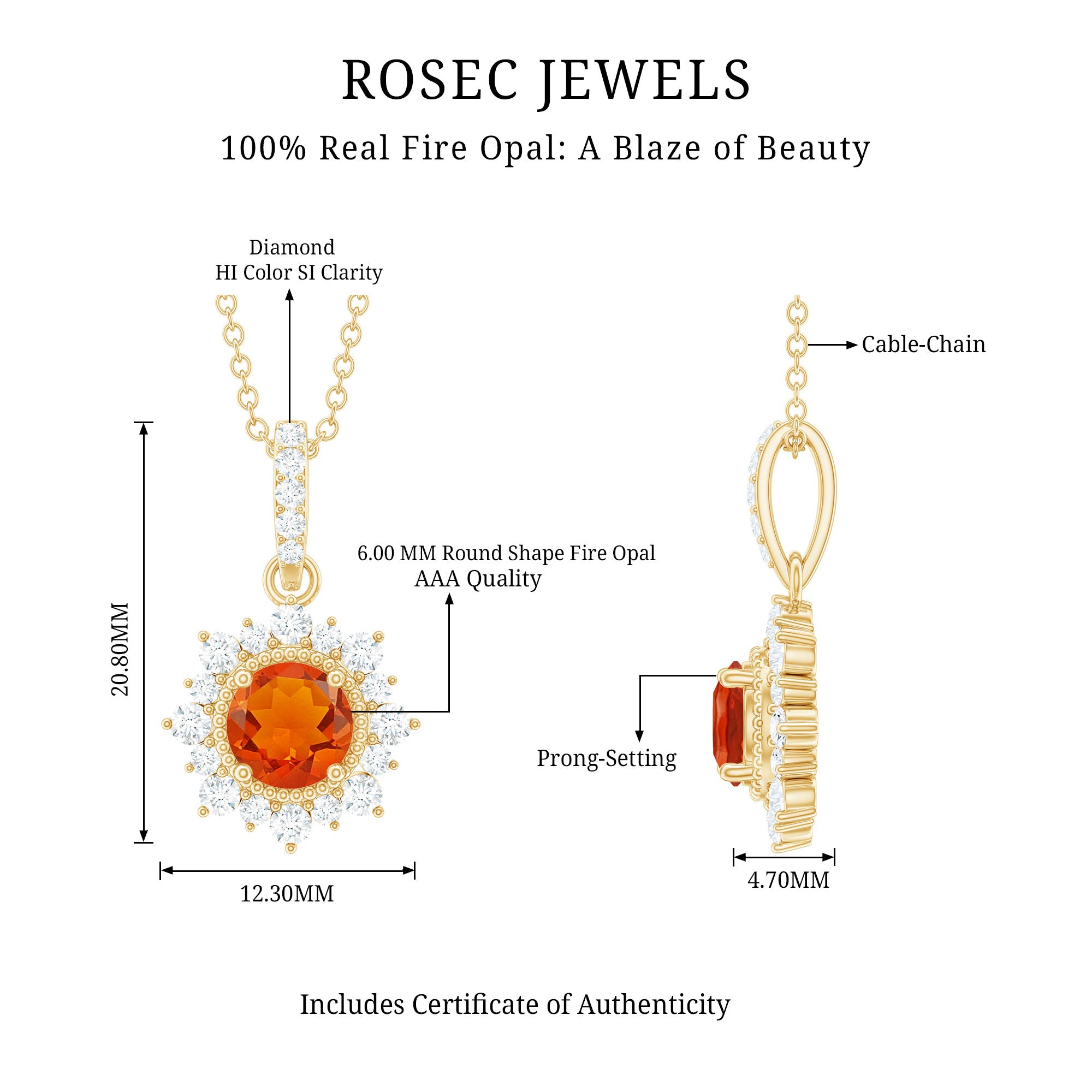 Round Fire Opal and Diamond Halo Pendant Necklace AAA - Rosec Jewels