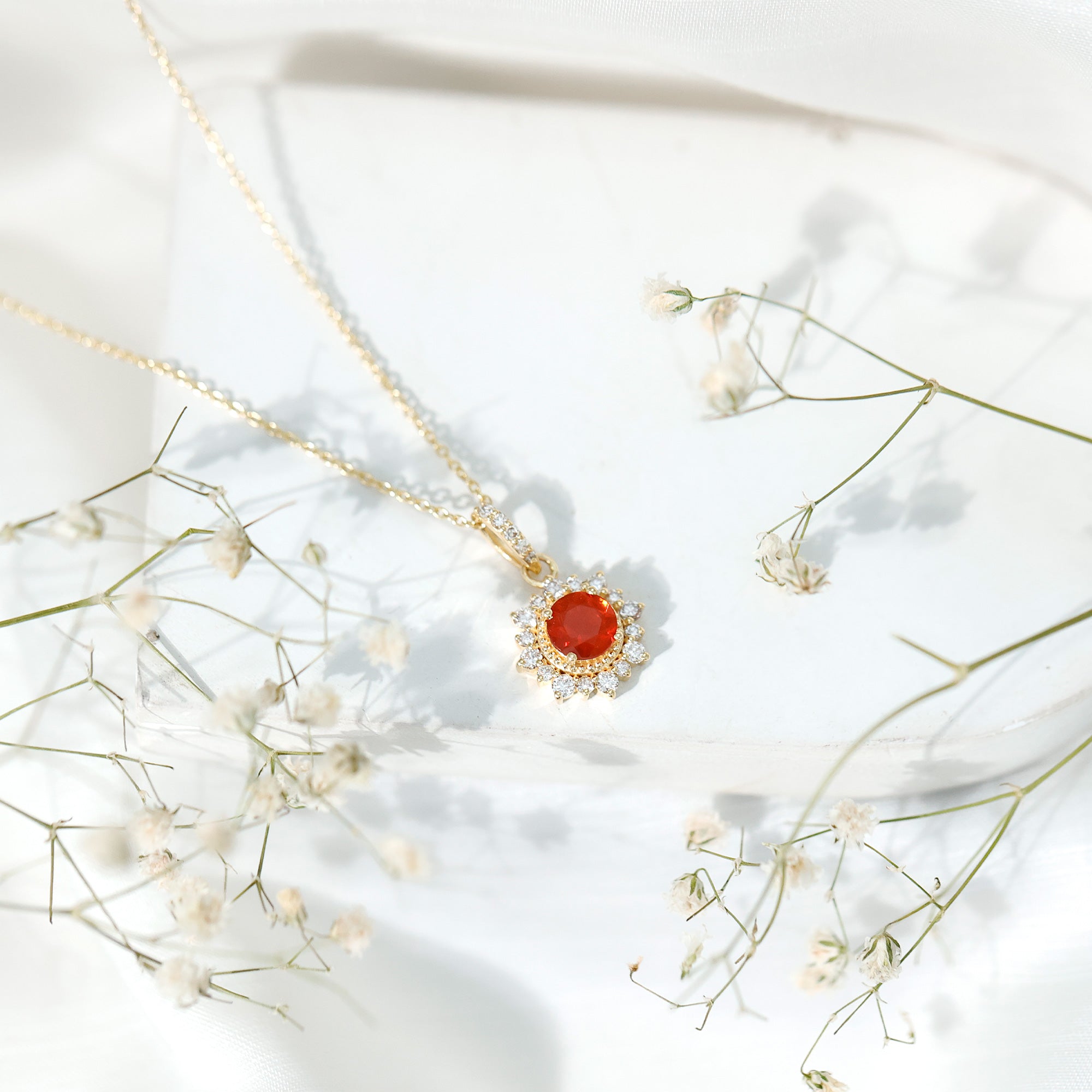 Round Fire Opal and Diamond Halo Pendant Necklace AAA - Rosec Jewels