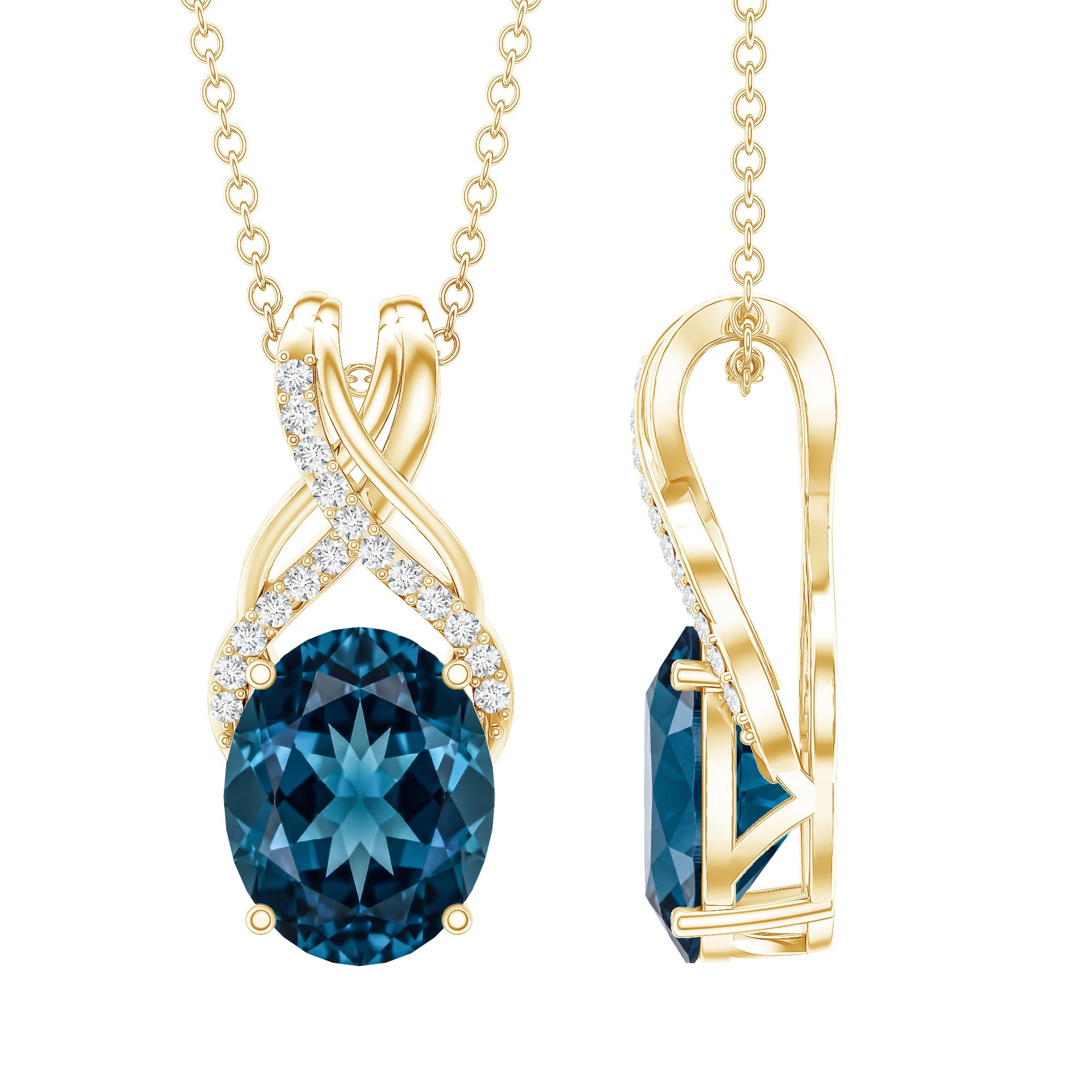 2.5 Carat Oval London Blue Topaz Solitaire Necklace with Diamond Twisted Bail AAA - Rosec Jewels