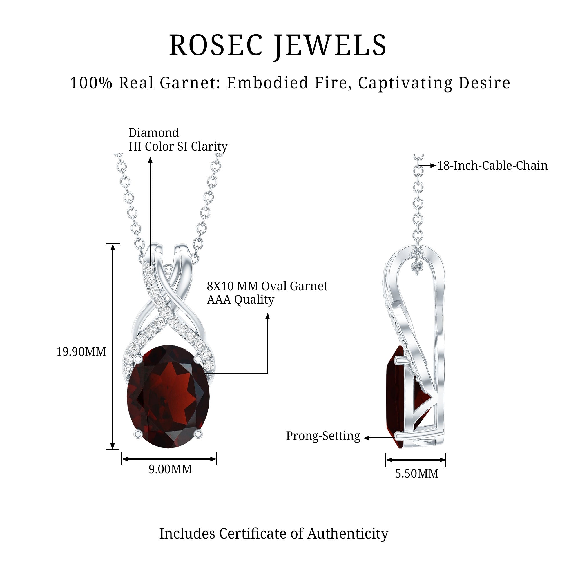 3.6 Carat Oval Shape Garnet Solitaire Twisted Bail Pendant Necklace with Diamond AAA - Rosec Jewels