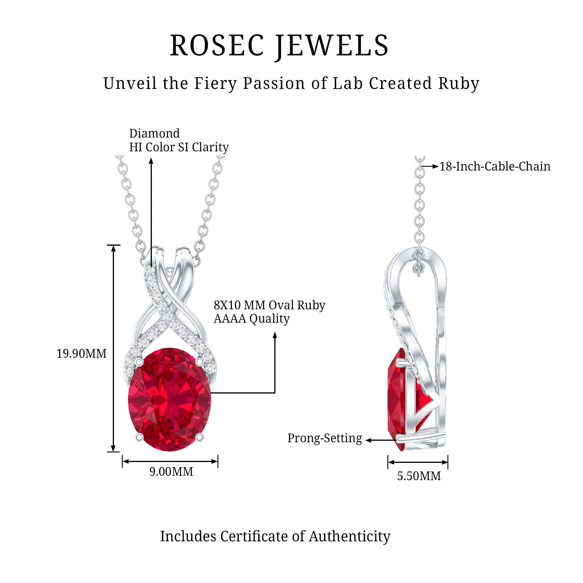 4 Carat Oval Lab Created Ruby Pendant with Diamond Bail AAAA - Rosec Jewels