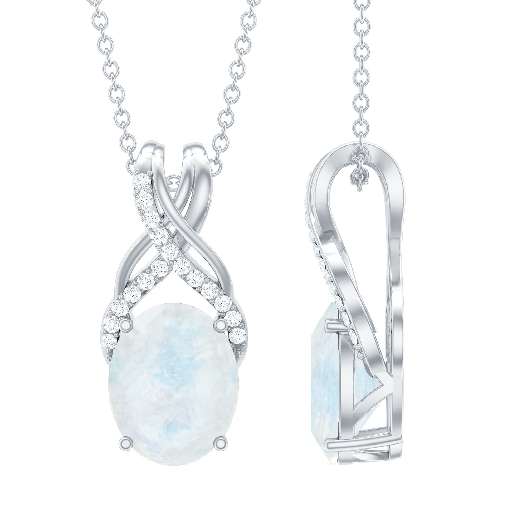 Real 0.6 Carat Oval Shape Moonstone Necklace with Diamond Twisted Bail AAA - Rosec Jewels