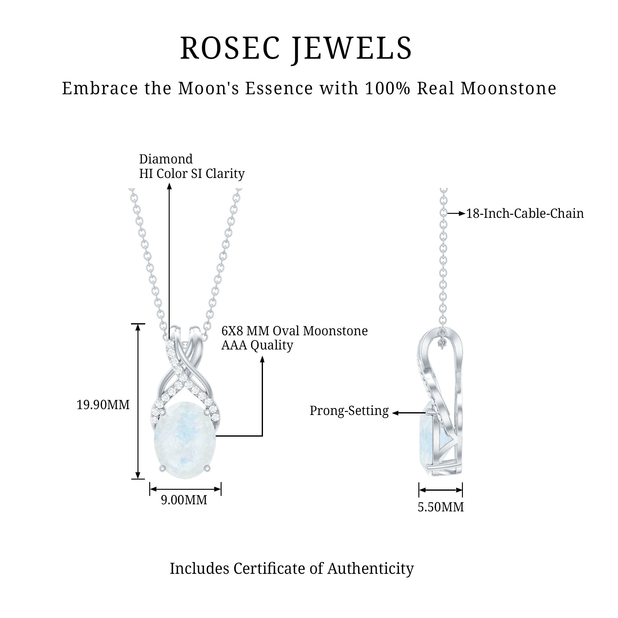Real 0.6 Carat Oval Shape Moonstone Necklace with Diamond Twisted Bail AAA - Rosec Jewels