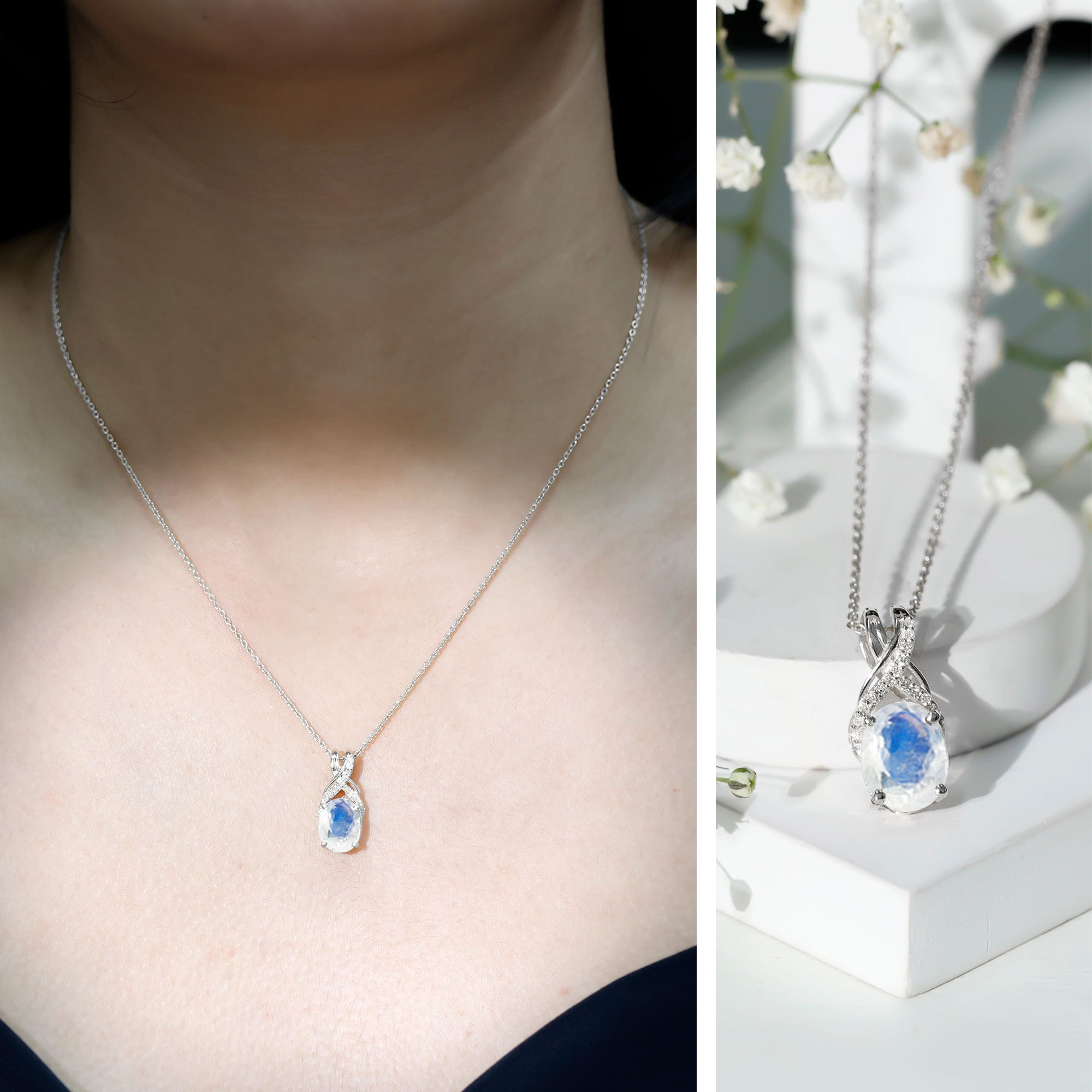 Real 0.6 Carat Oval Shape Moonstone Necklace with Diamond Twisted Bail AAA - Rosec Jewels
