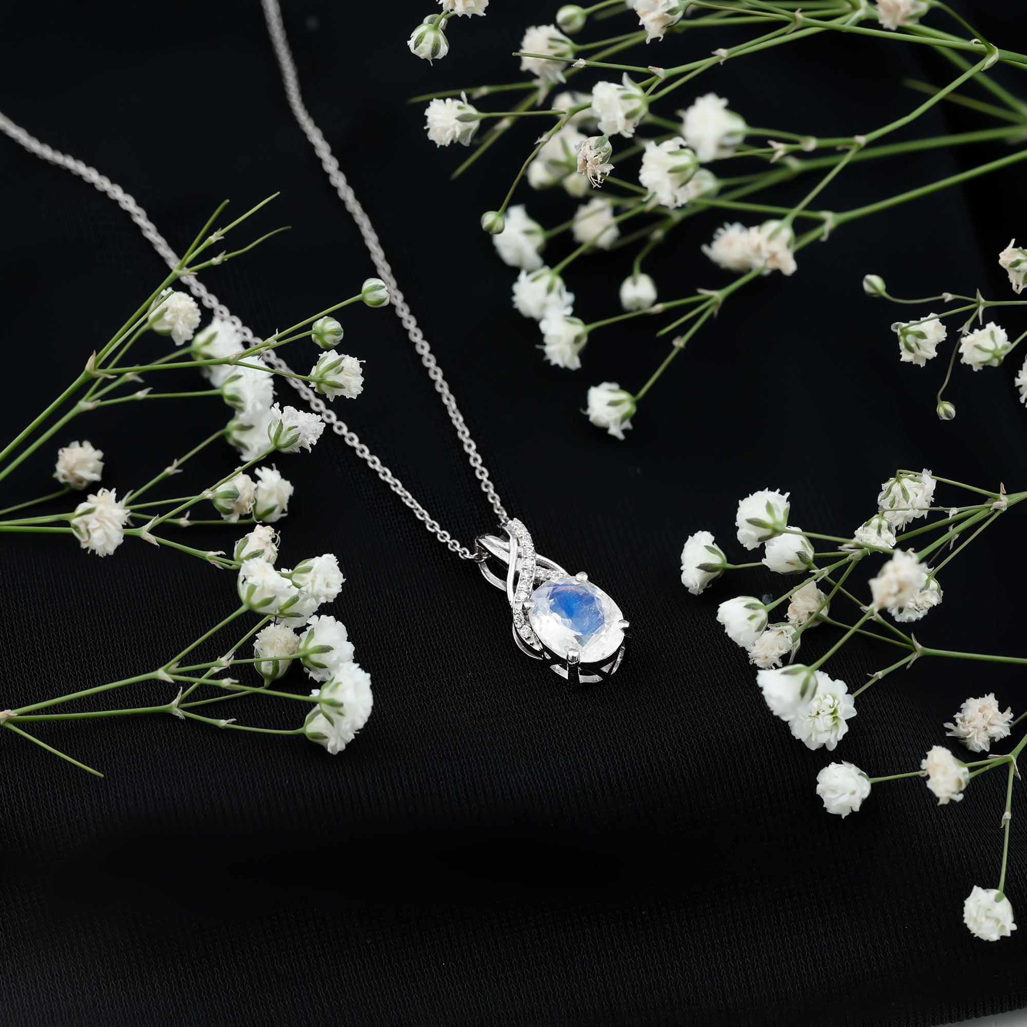 Real 0.6 Carat Oval Shape Moonstone Necklace with Diamond Twisted Bail AAA - Rosec Jewels