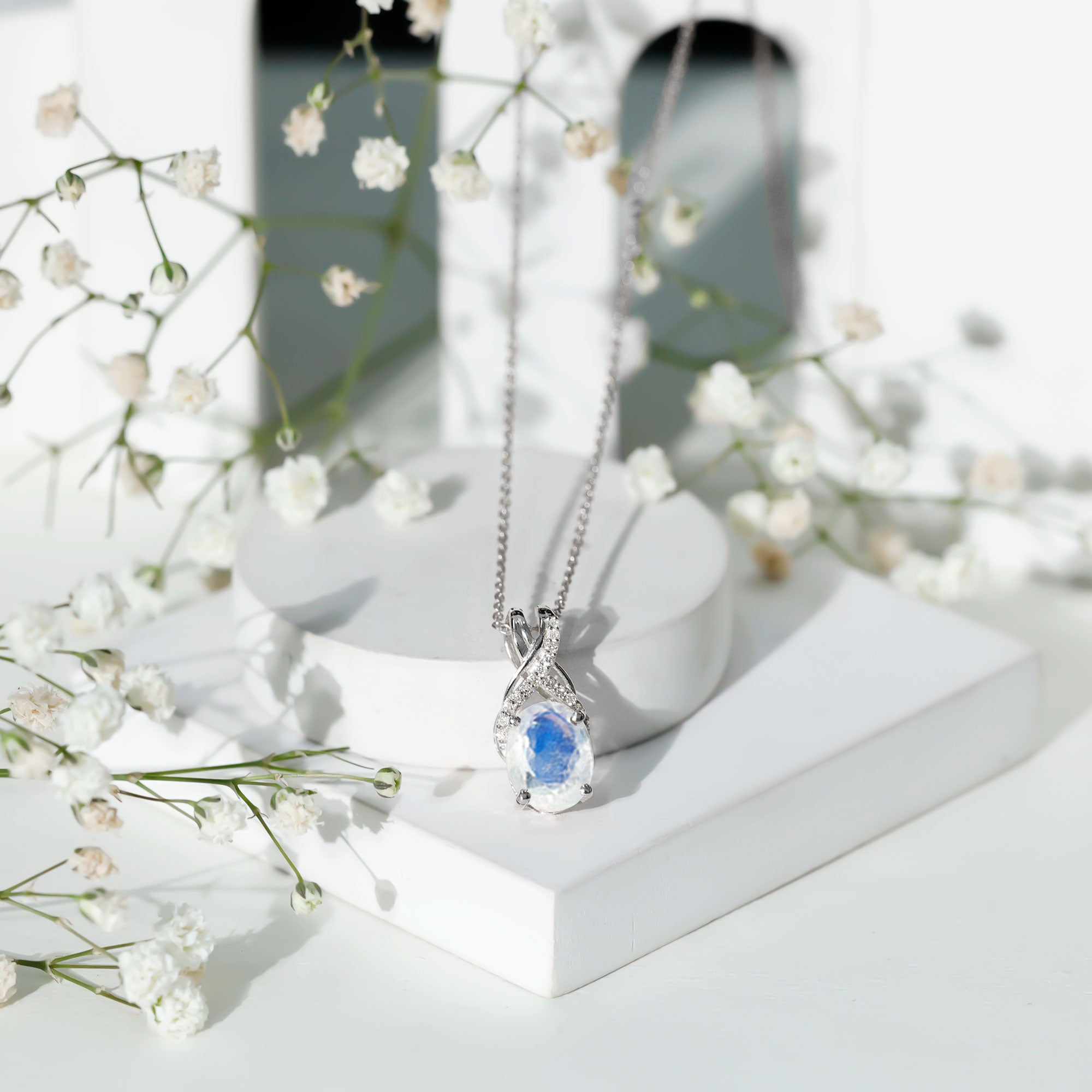 Real 0.6 Carat Oval Shape Moonstone Necklace with Diamond Twisted Bail AAA - Rosec Jewels