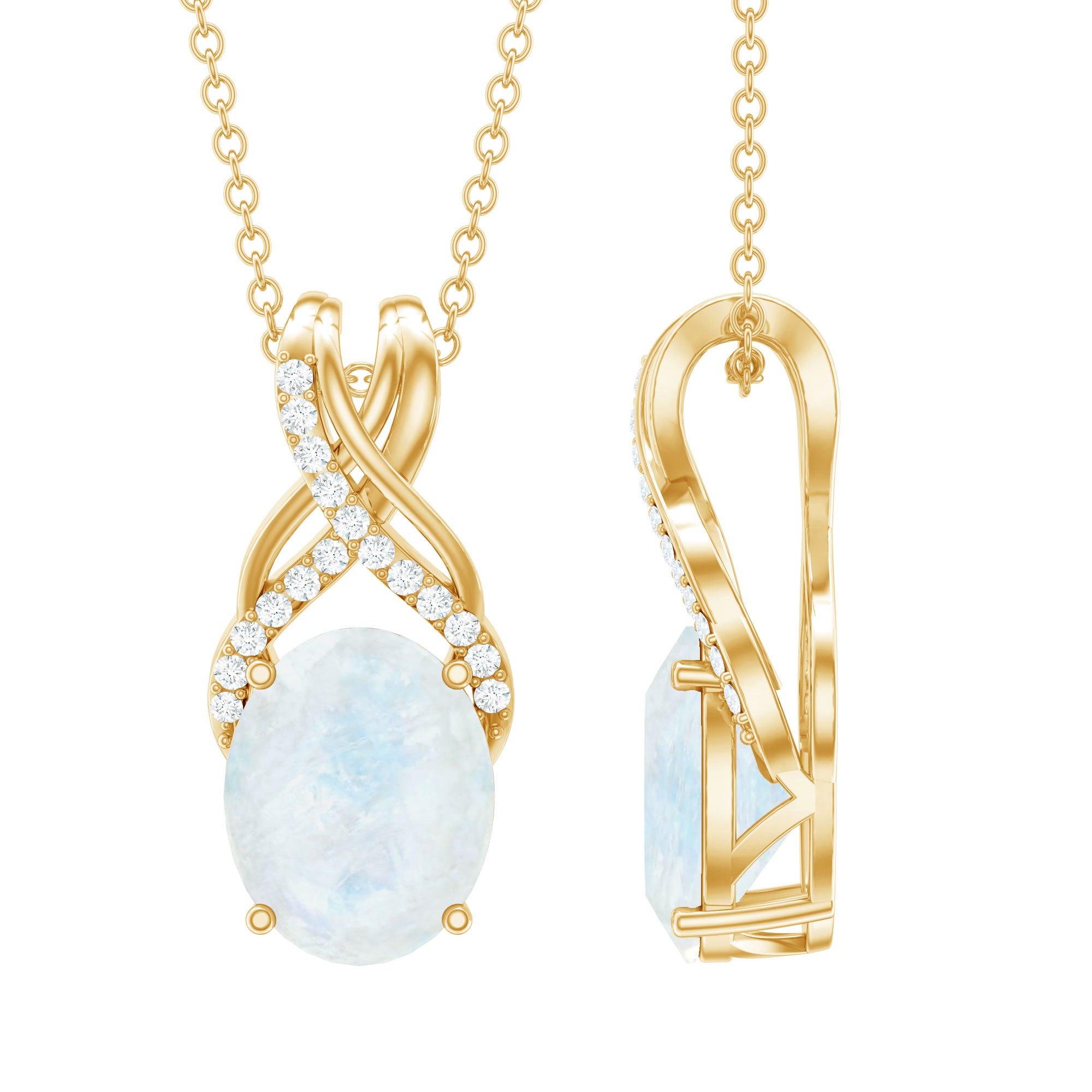 Real 0.6 Carat Oval Shape Moonstone Necklace with Diamond Twisted Bail AAA - Rosec Jewels