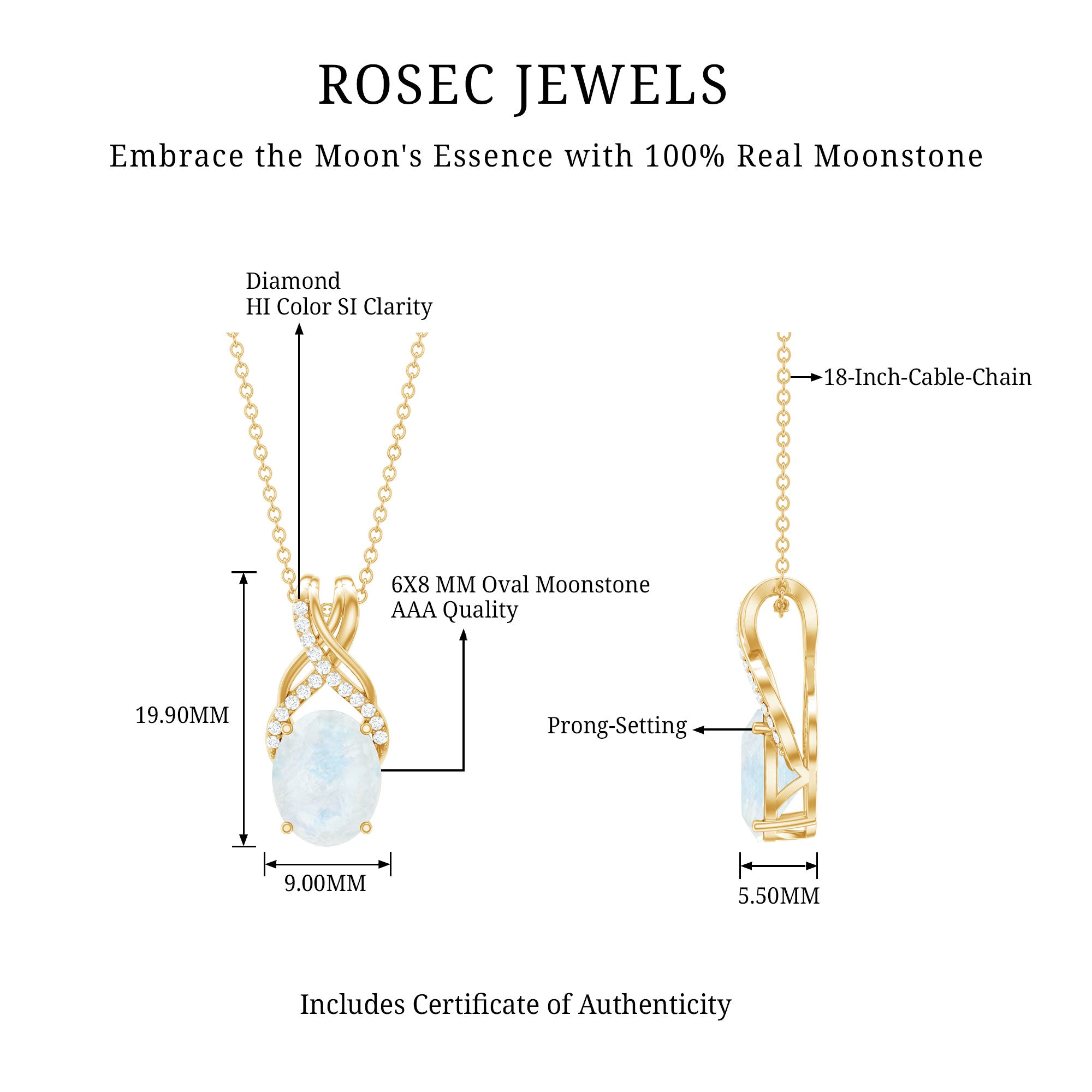 Real 0.6 Carat Oval Shape Moonstone Necklace with Diamond Twisted Bail AAA - Rosec Jewels