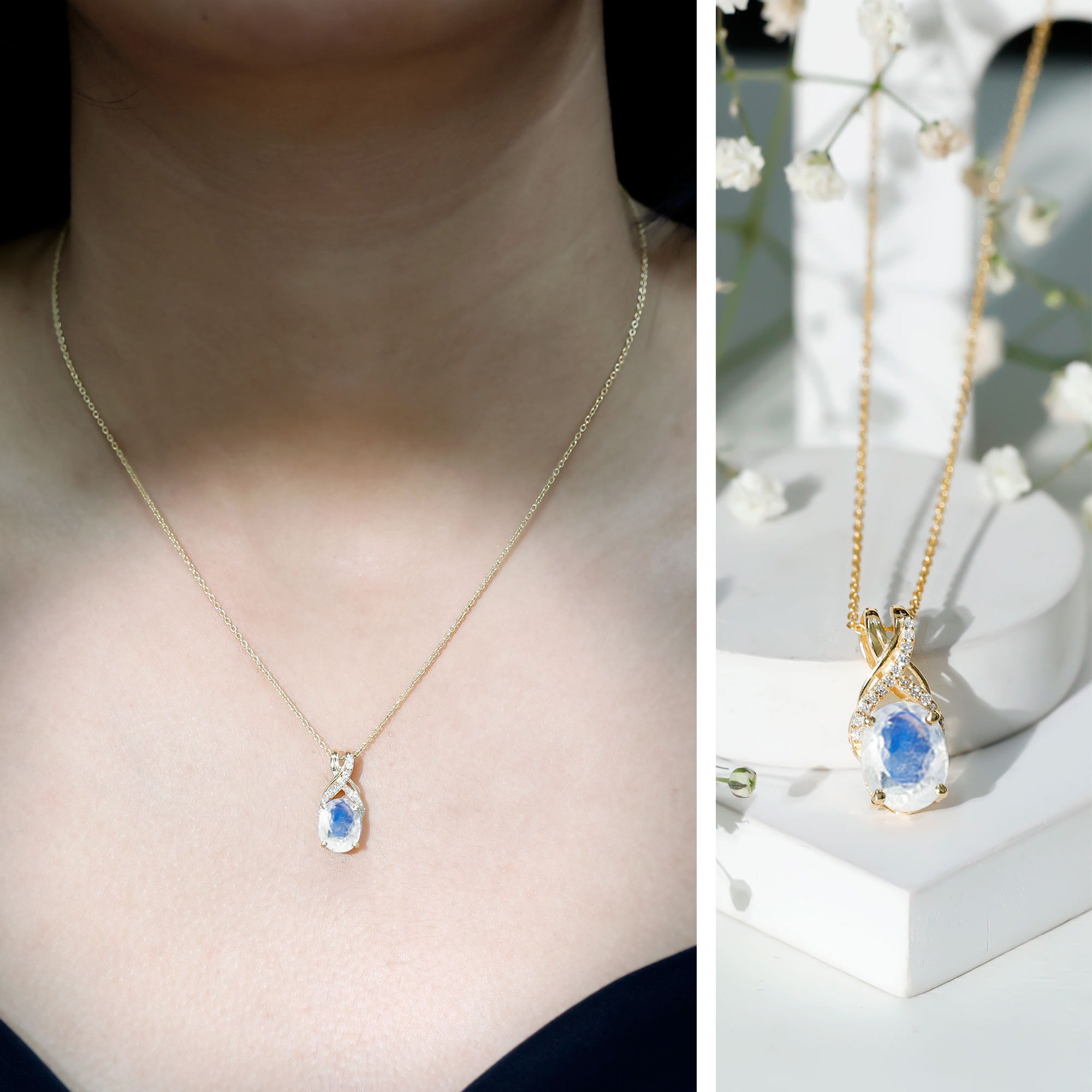 Real 0.6 Carat Oval Shape Moonstone Necklace with Diamond Twisted Bail AAA - Rosec Jewels
