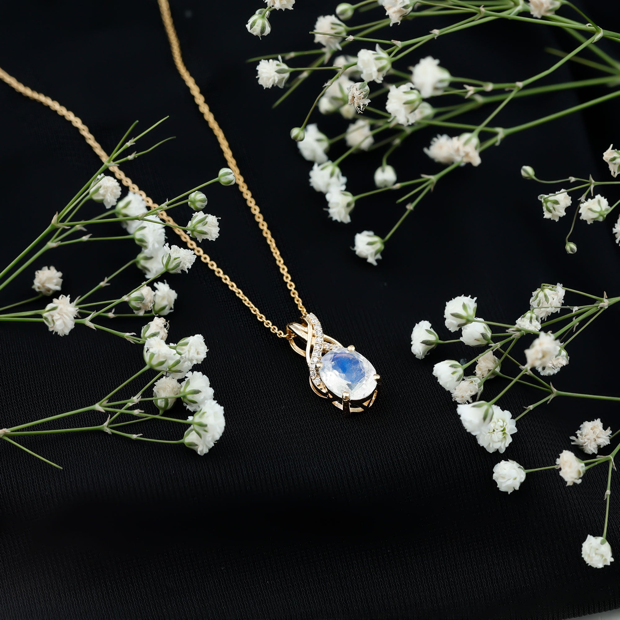Real 0.6 Carat Oval Shape Moonstone Necklace with Diamond Twisted Bail AAA - Rosec Jewels