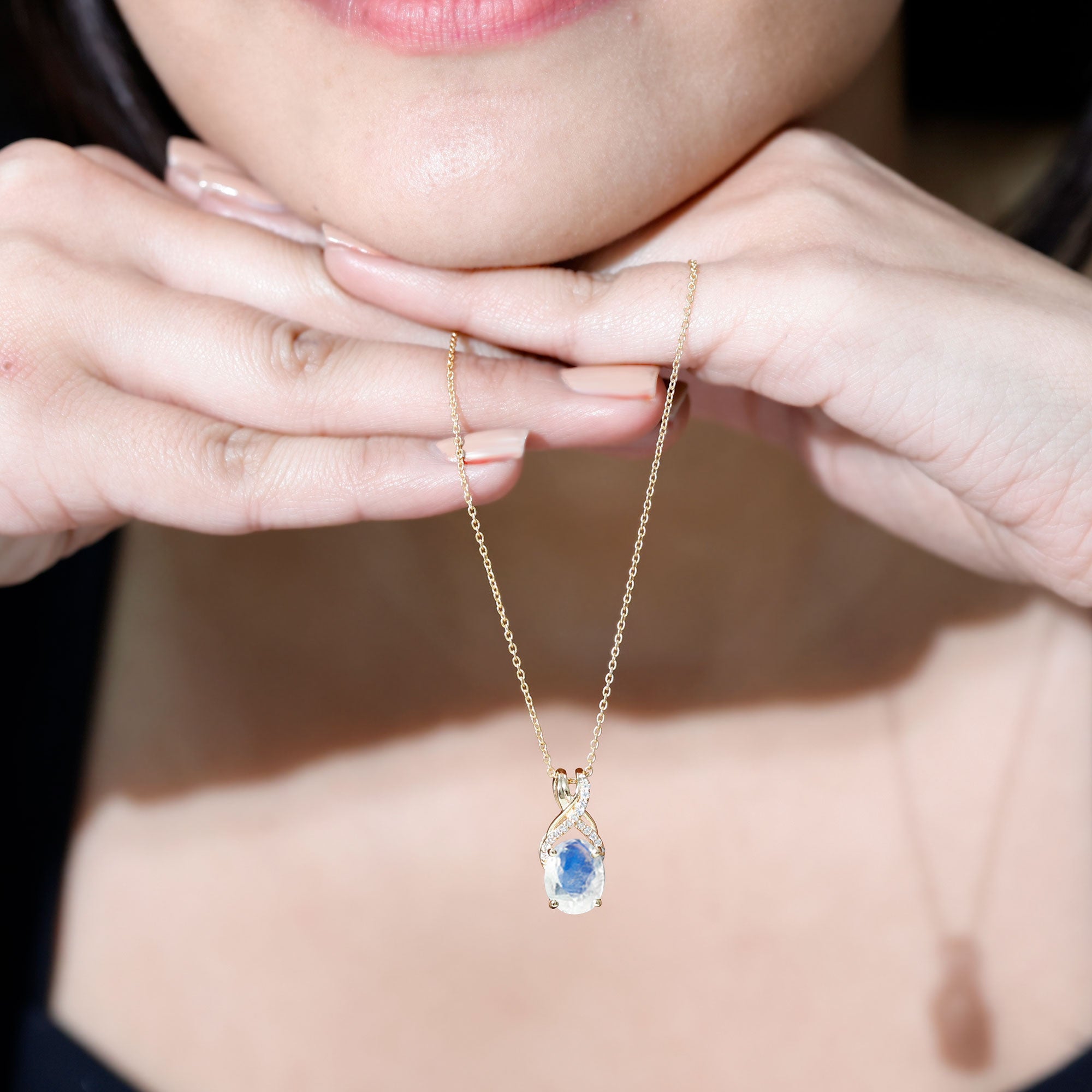 Real 0.6 Carat Oval Shape Moonstone Necklace with Diamond Twisted Bail AAA - Rosec Jewels