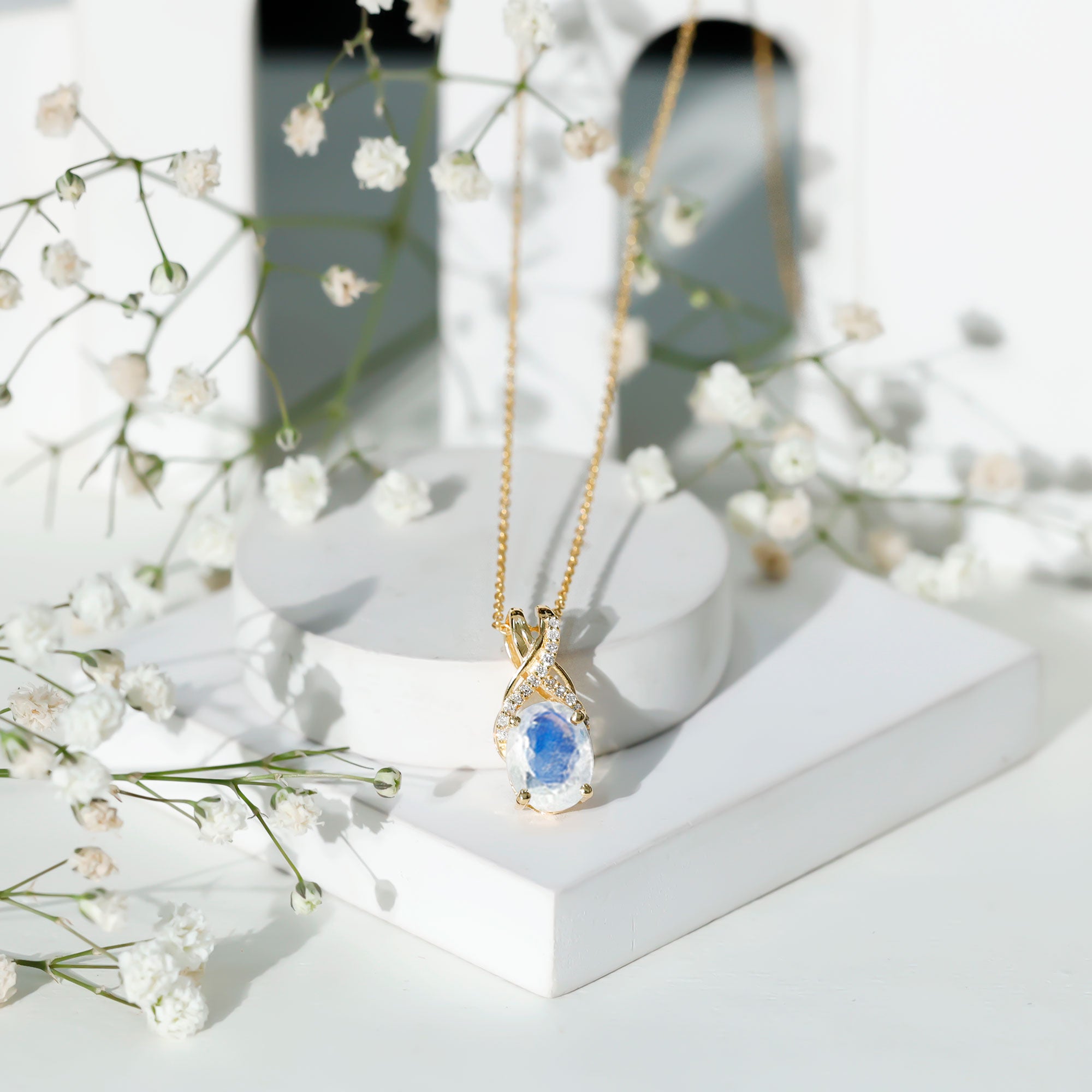 Real 0.6 Carat Oval Shape Moonstone Necklace with Diamond Twisted Bail AAA - Rosec Jewels