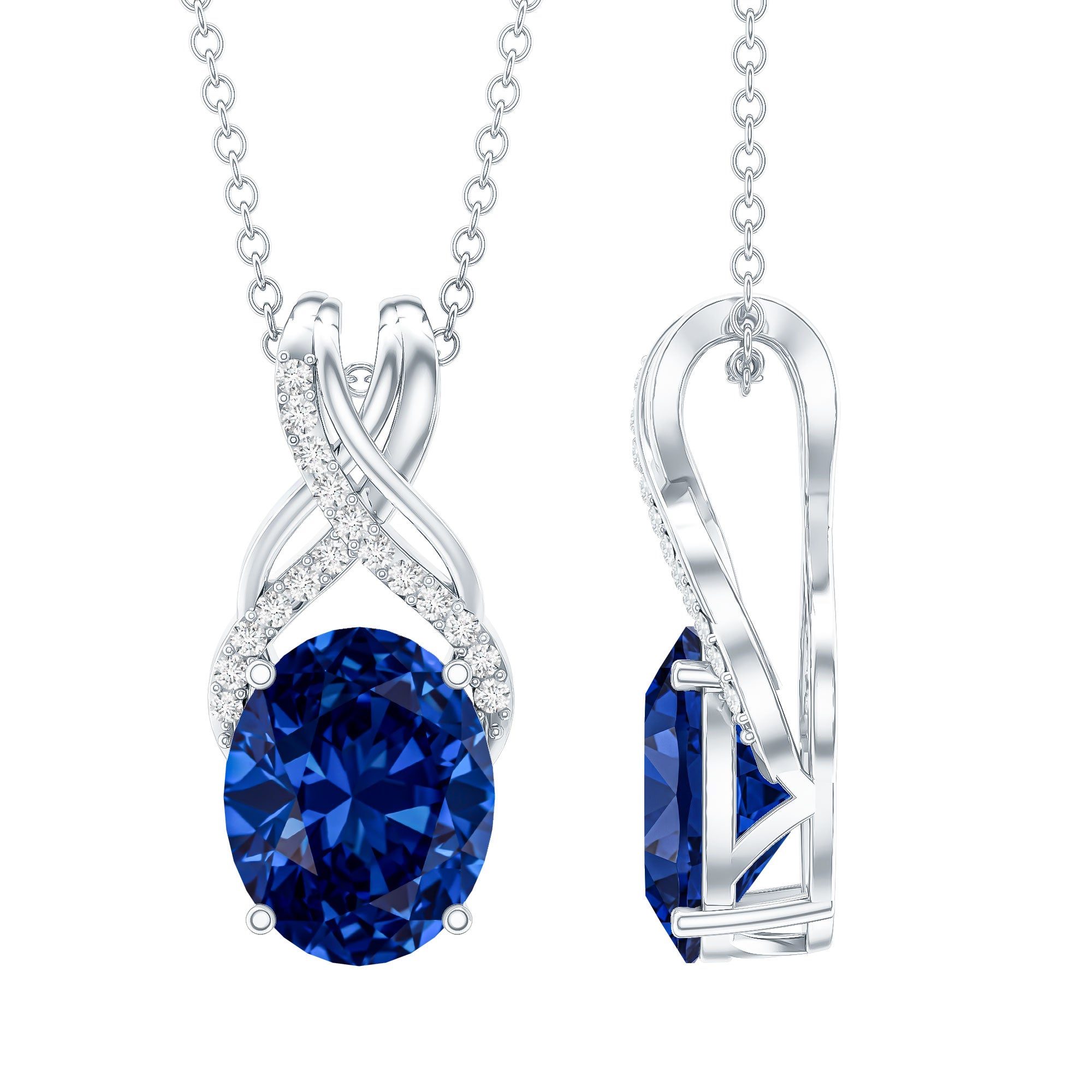 4 Carat Oval Lab Created Blue Sapphire Necklace with Diamond Twisted Bail AAAA - Rosec Jewels