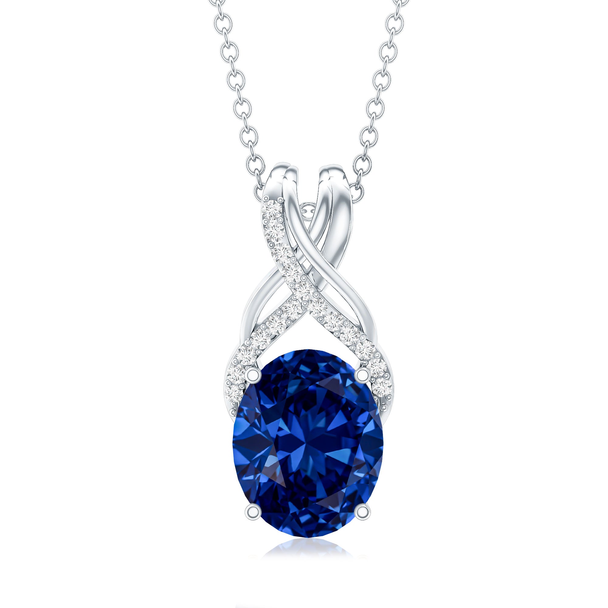 4 Carat Oval Lab Created Blue Sapphire Necklace with Diamond Twisted Bail AAAA - Rosec Jewels