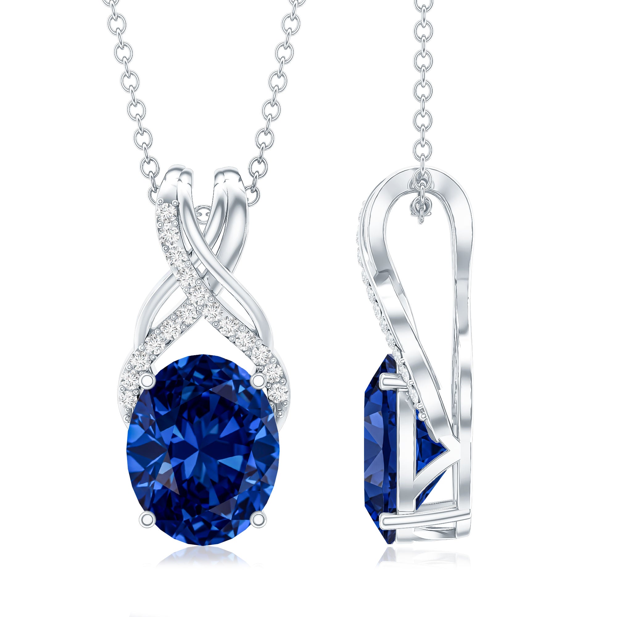 4 Carat Oval Lab Created Blue Sapphire Necklace with Diamond Twisted Bail AAAA - Rosec Jewels