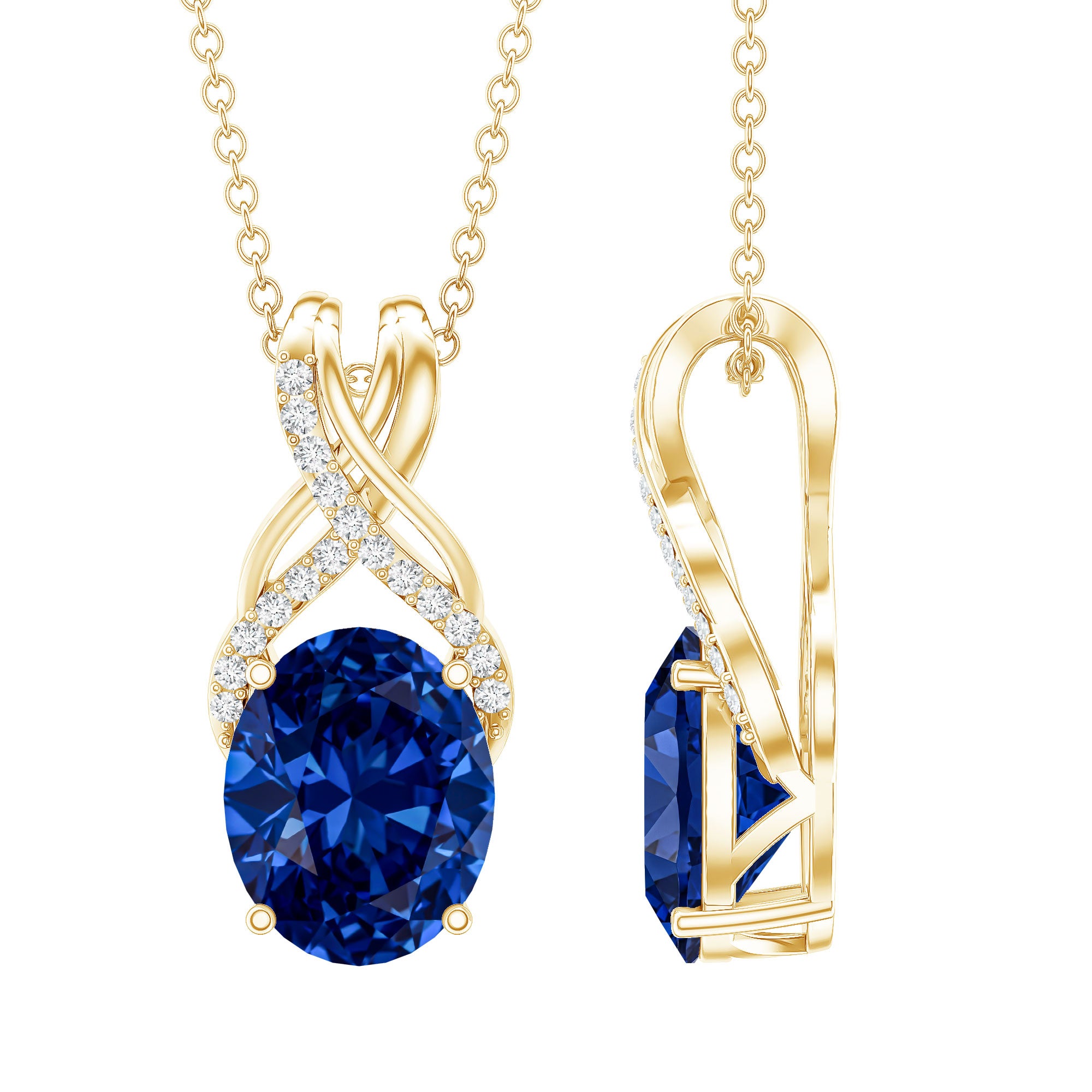 4 Carat Oval Lab Created Blue Sapphire Necklace with Diamond Twisted Bail AAAA - Rosec Jewels
