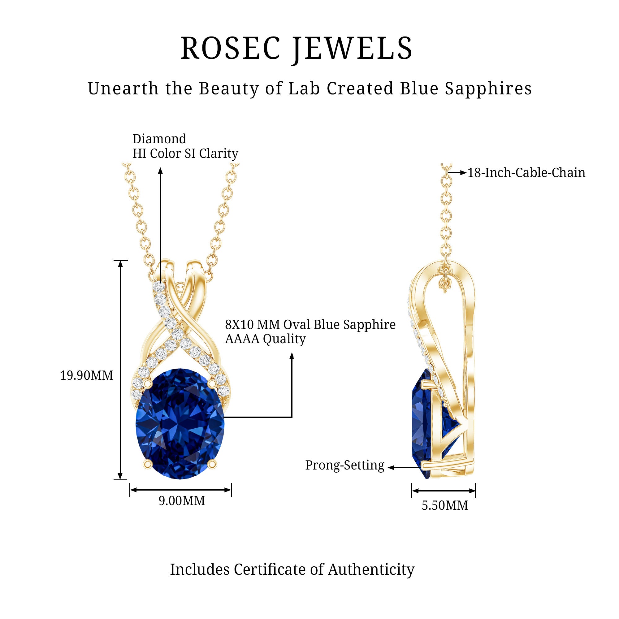 4 Carat Oval Lab Created Blue Sapphire Necklace with Diamond Twisted Bail AAAA - Rosec Jewels