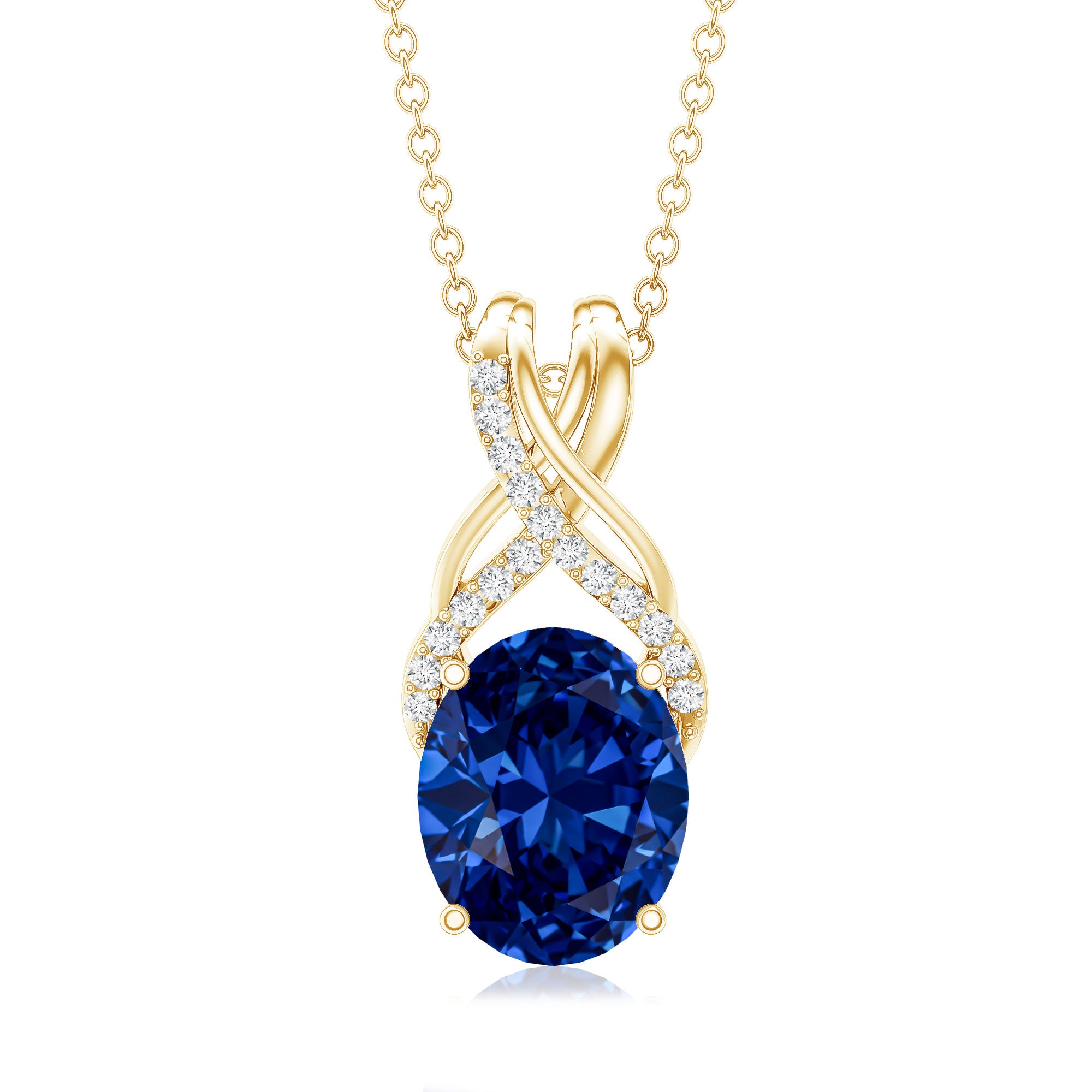 4 Carat Oval Lab Created Blue Sapphire Necklace with Diamond Twisted Bail AAAA - Rosec Jewels