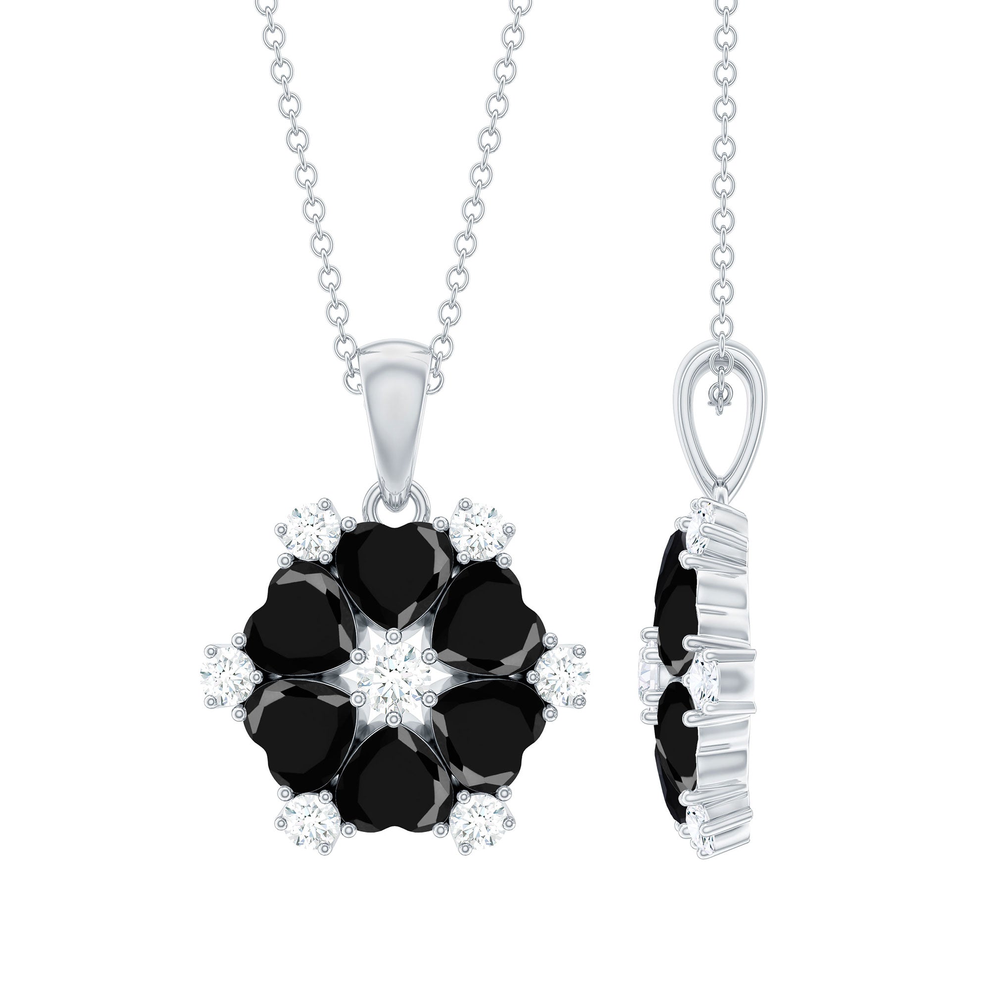 Heart Shape Created Black Diamond and Diamond Flower Pendant