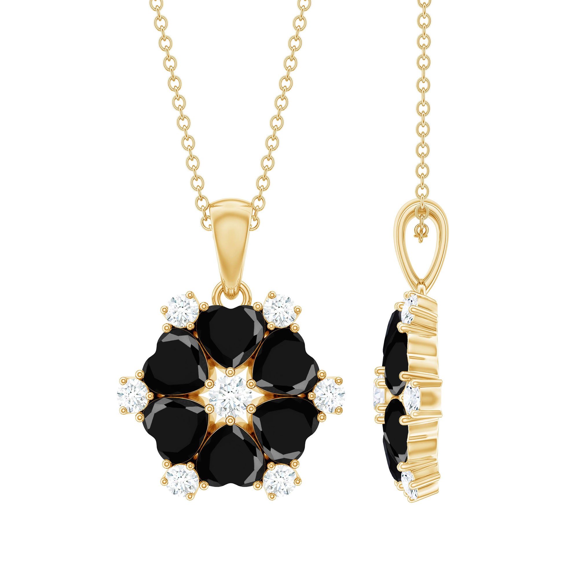 Heart Lab Created Black Diamond Flower Pendant Necklace AAAA ( Synthetic ) - Rosec Jewels