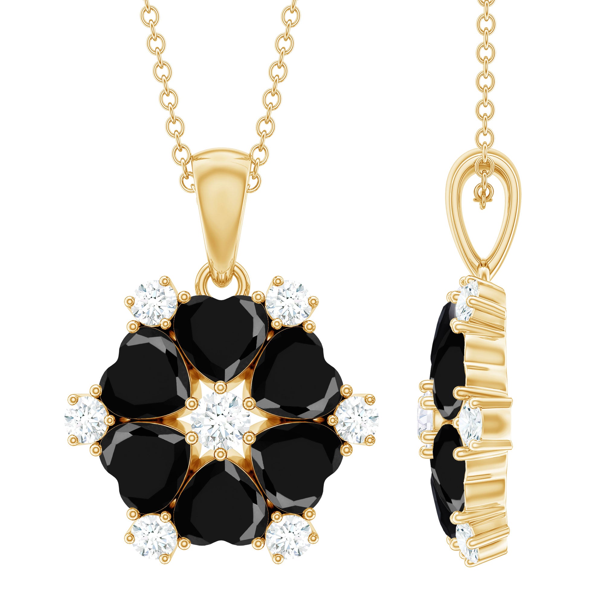 Natural Heart Shape Black Spinel Flower Pendant Necklace with Diamond AAA - Rosec Jewels