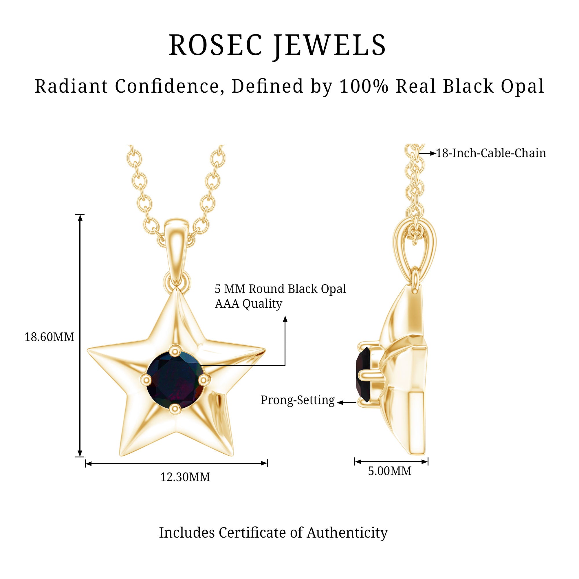 Real Half Carat Black Opal Star Pendant Necklace for Women AAA - Rosec Jewels