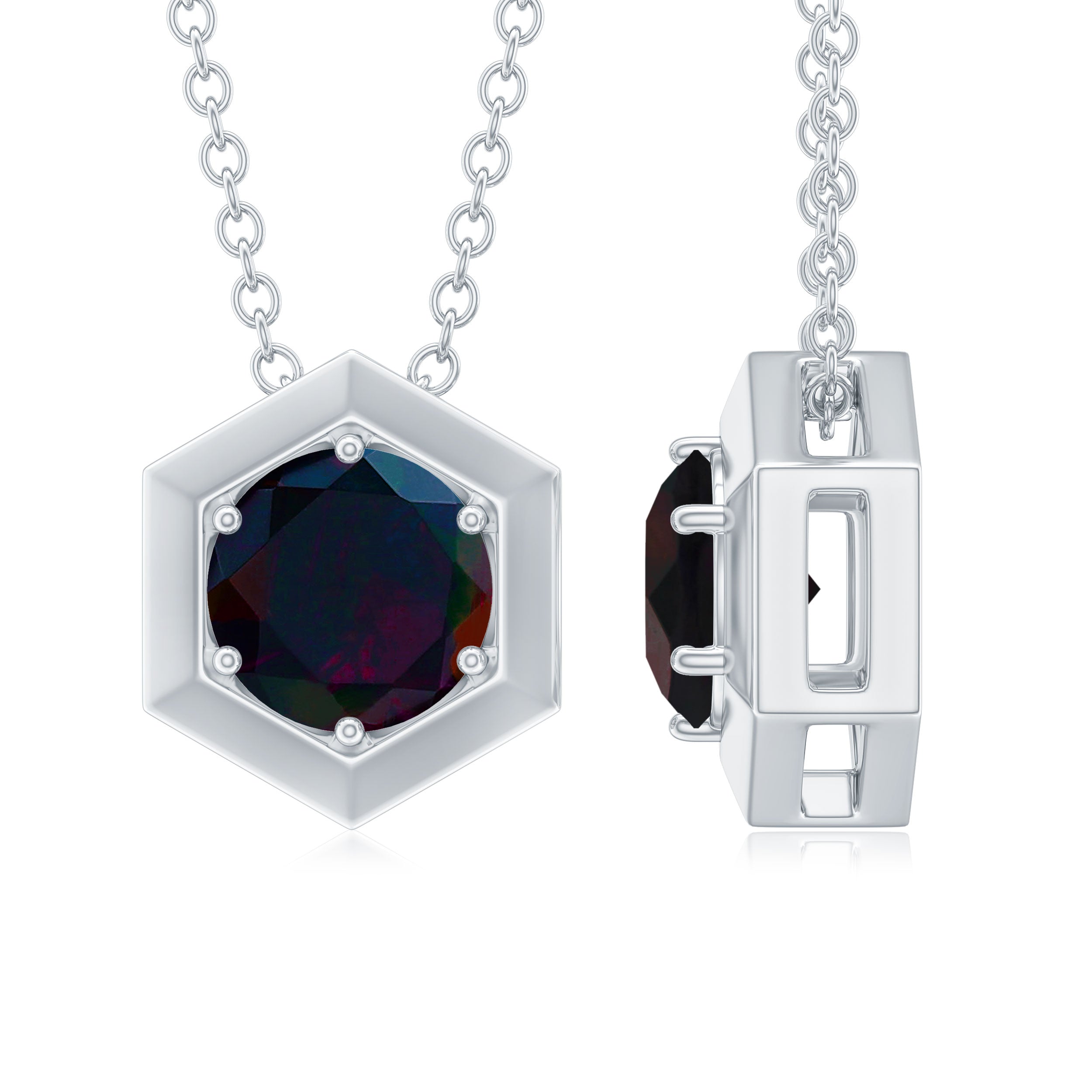 Natural Black Opal Hexagon Pendant Necklace With Chain AAA - Rosec Jewels